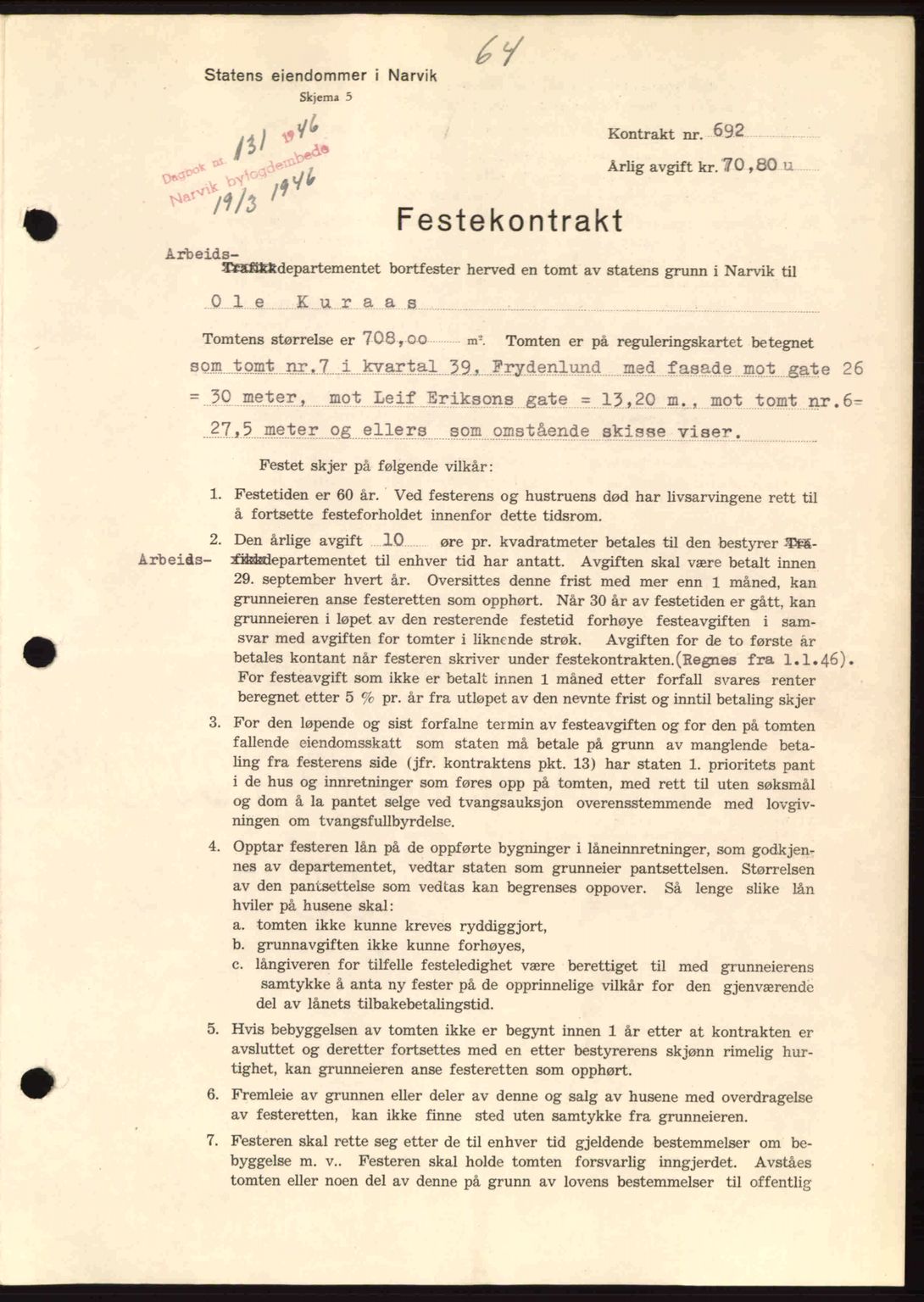 Narvik sorenskriveri, SAT/A-0002/1/2/2C/2Ca: Pantebok nr. A21, 1946-1947, Dagboknr: 131/1946