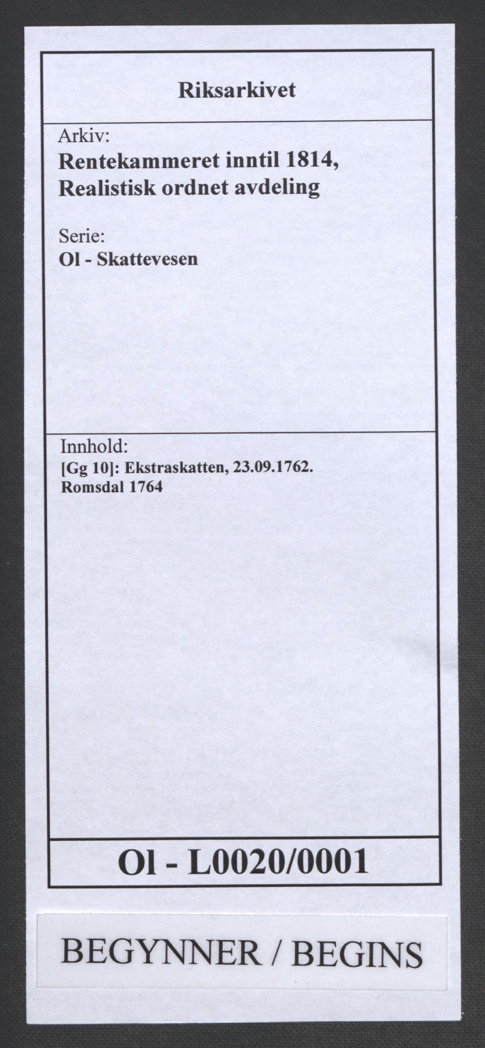 Rentekammeret inntil 1814, Realistisk ordnet avdeling, AV/RA-EA-4070/Ol/L0020/0001: [Gg 10]: Ekstraskatten, 23.09.1762. Romsdal, Strinda, Selbu, Inderøy. / Romsdal, 1764, s. 1