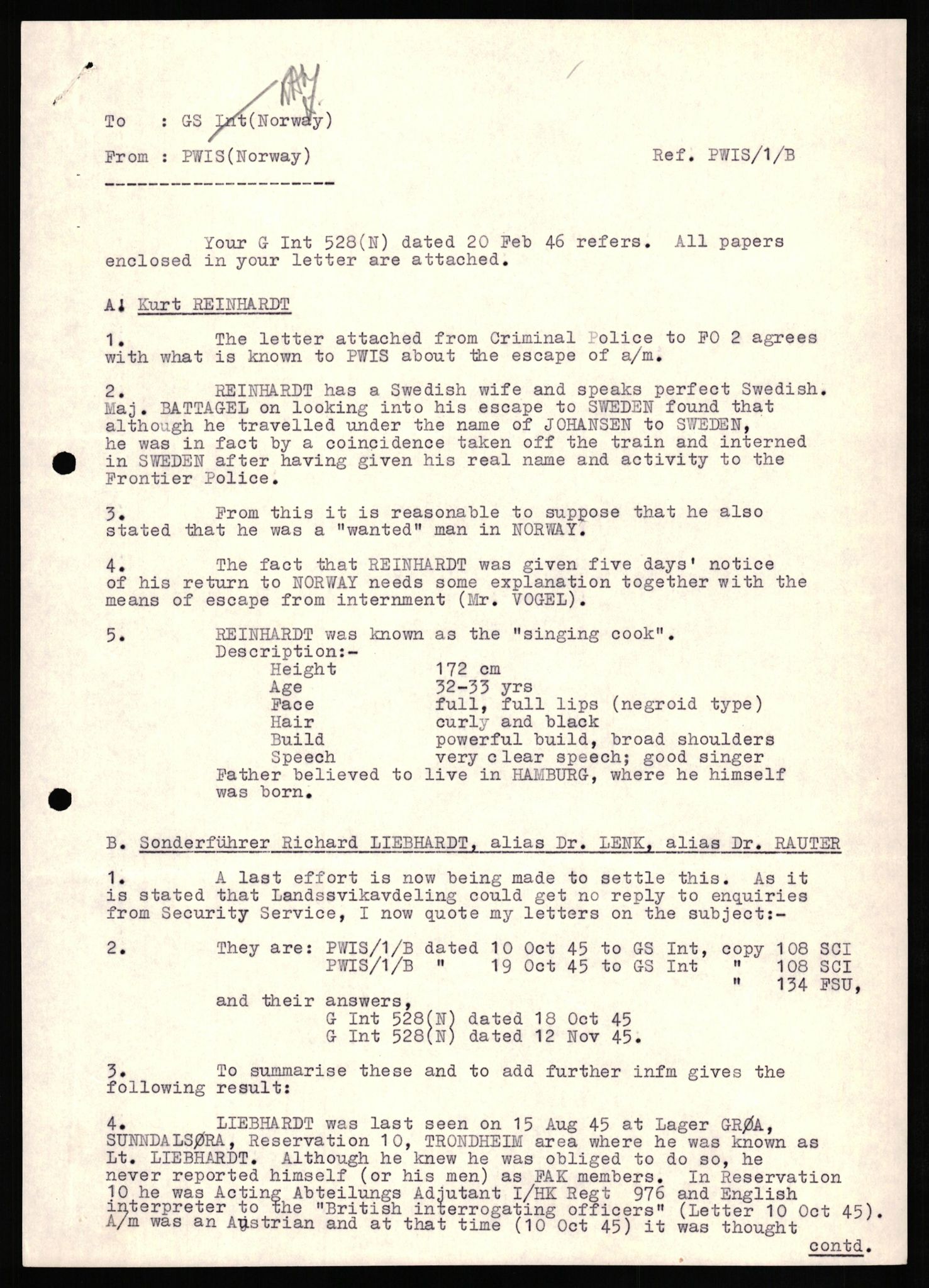 Forsvaret, Forsvarets overkommando II, AV/RA-RAFA-3915/D/Db/L0027: CI Questionaires. Tyske okkupasjonsstyrker i Norge. Tyskere., 1945-1946, s. 184