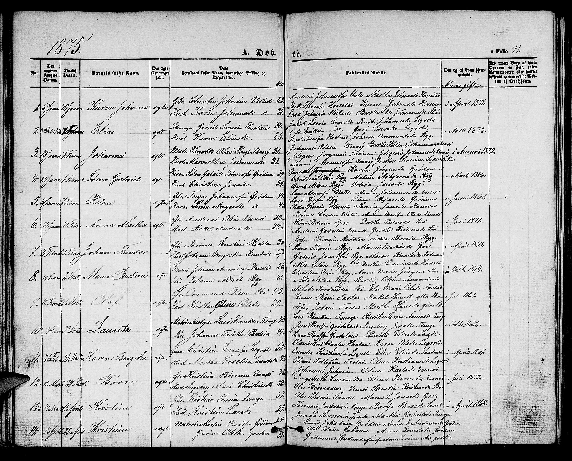 Hetland sokneprestkontor, AV/SAST-A-101826/30/30BB/L0002: Klokkerbok nr. B 2, 1856-1891, s. 41