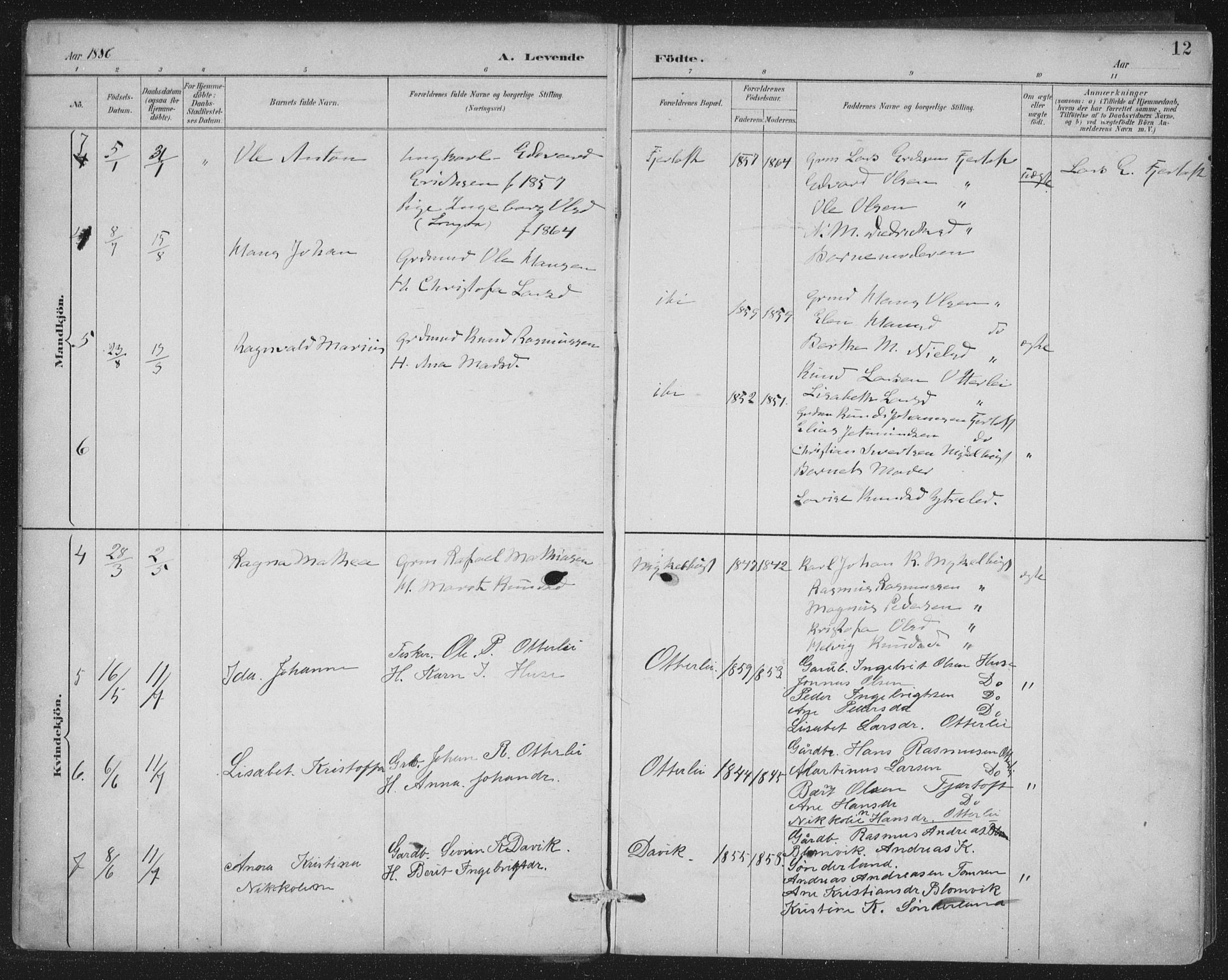 Ministerialprotokoller, klokkerbøker og fødselsregistre - Møre og Romsdal, AV/SAT-A-1454/538/L0522: Ministerialbok nr. 538A01, 1884-1913, s. 12