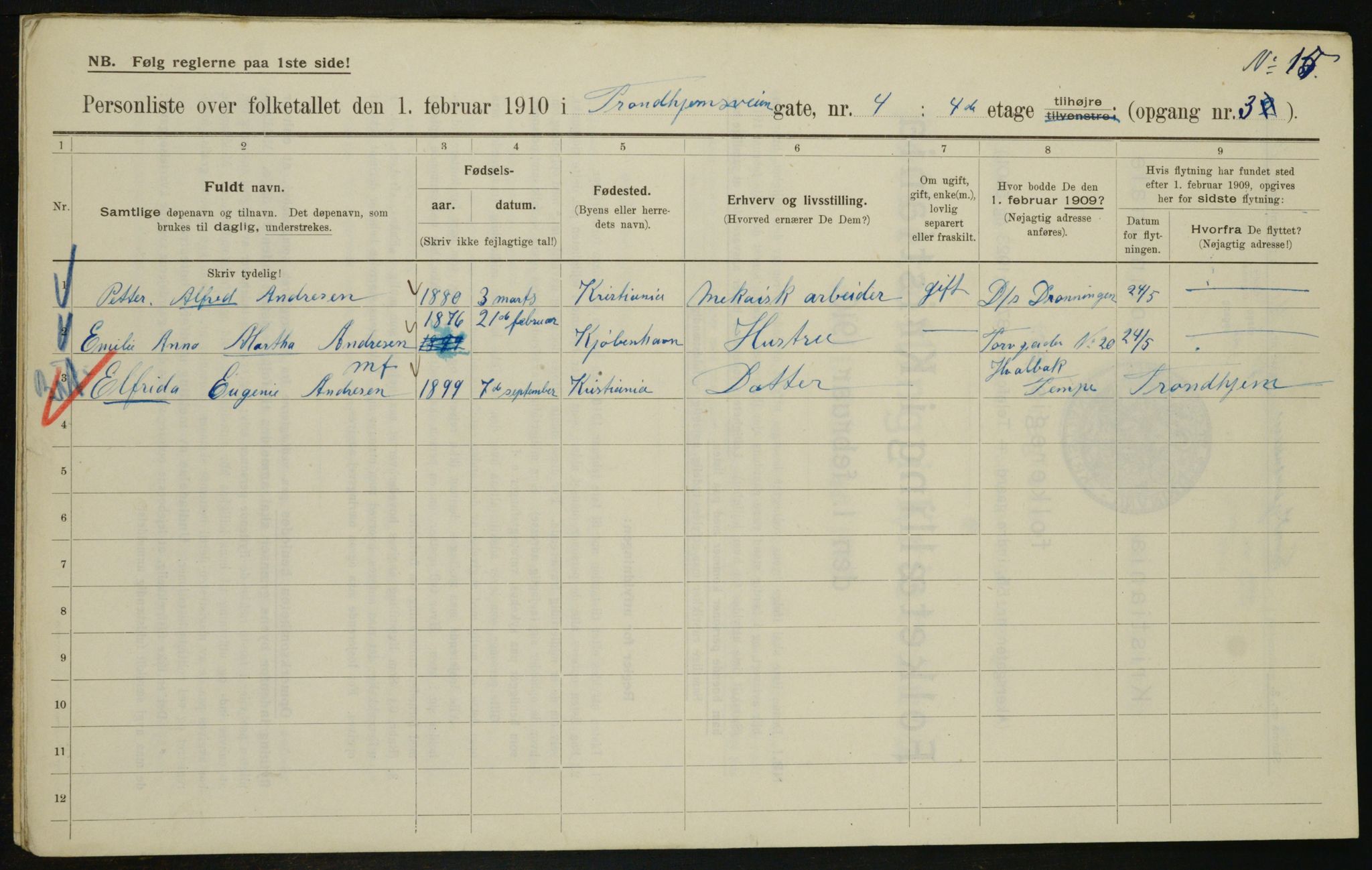 OBA, Kommunal folketelling 1.2.1910 for Kristiania, 1910, s. 110101