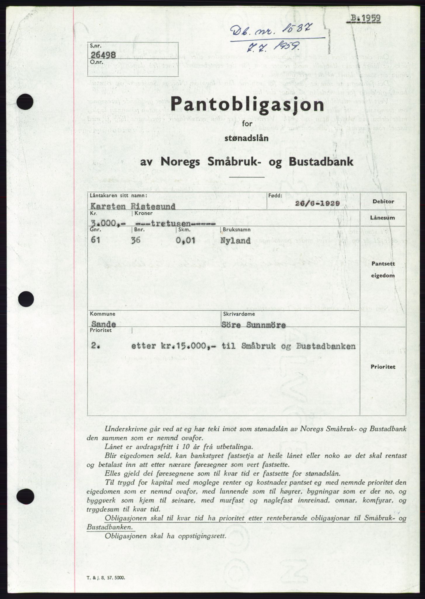 Søre Sunnmøre sorenskriveri, SAT/A-4122/1/2/2C/L0133: Pantebok nr. 21B, 1959-1959, Dagboknr: 1537/1959