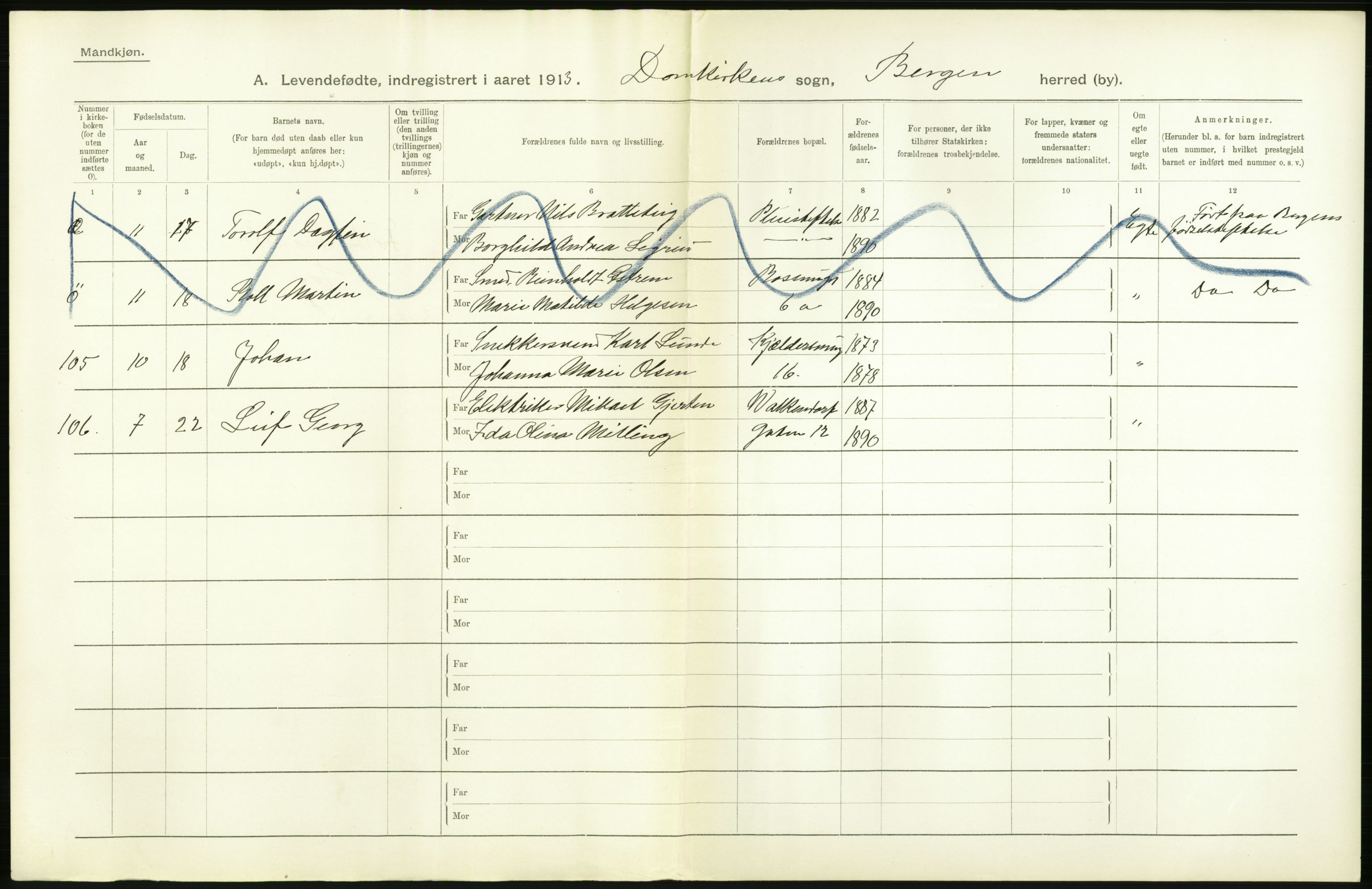 Statistisk sentralbyrå, Sosiodemografiske emner, Befolkning, AV/RA-S-2228/D/Df/Dfb/Dfbc/L0030: Bergen: Levendefødte menn og kvinner., 1913, s. 4