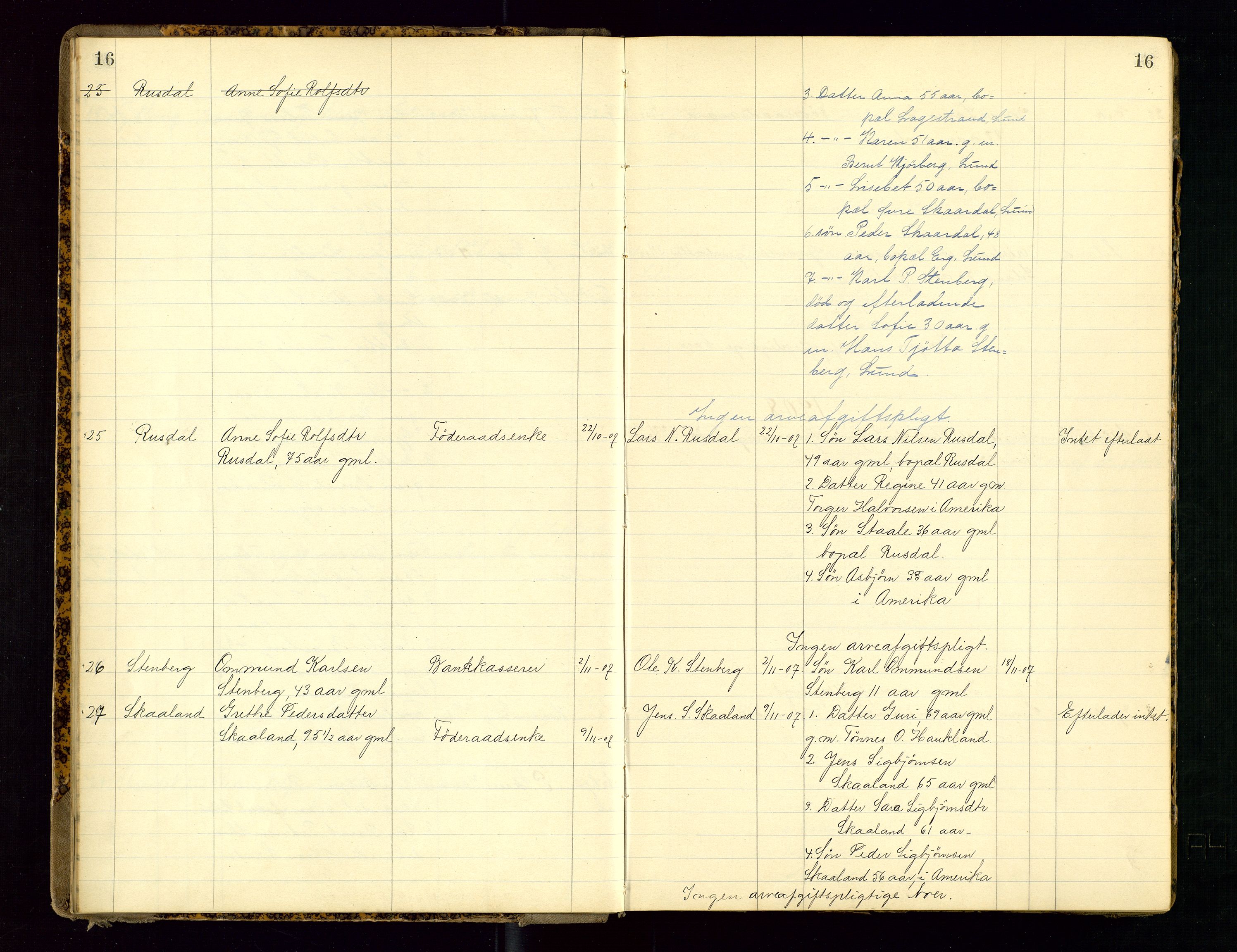 Dalane sorenskriveri, AV/SAST-A-100309/001/5/52/L0001: DØDSFALLPROTOKOLL, 1904-1911, s. 16