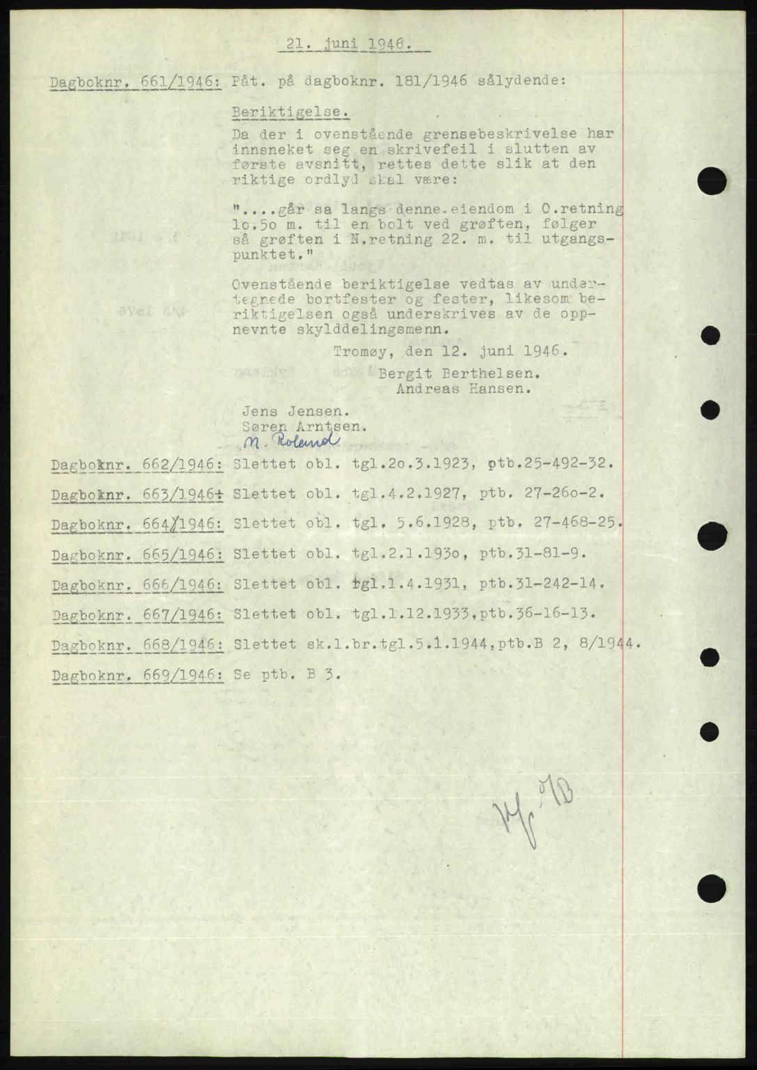 Nedenes sorenskriveri, SAK/1221-0006/G/Gb/Gba/L0055: Pantebok nr. A7, 1946-1946, Dagboknr: 661/1946