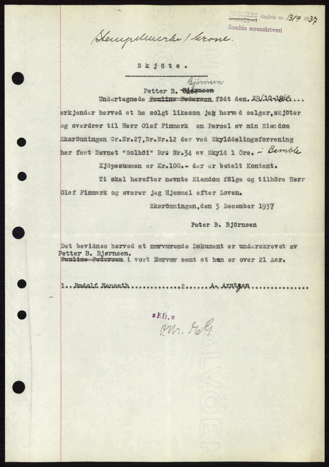 Bamble sorenskriveri, AV/SAKO-A-214/G/Ga/Gag/L0002: Pantebok nr. A-2, 1937-1938, Dagboknr: 1319/1937