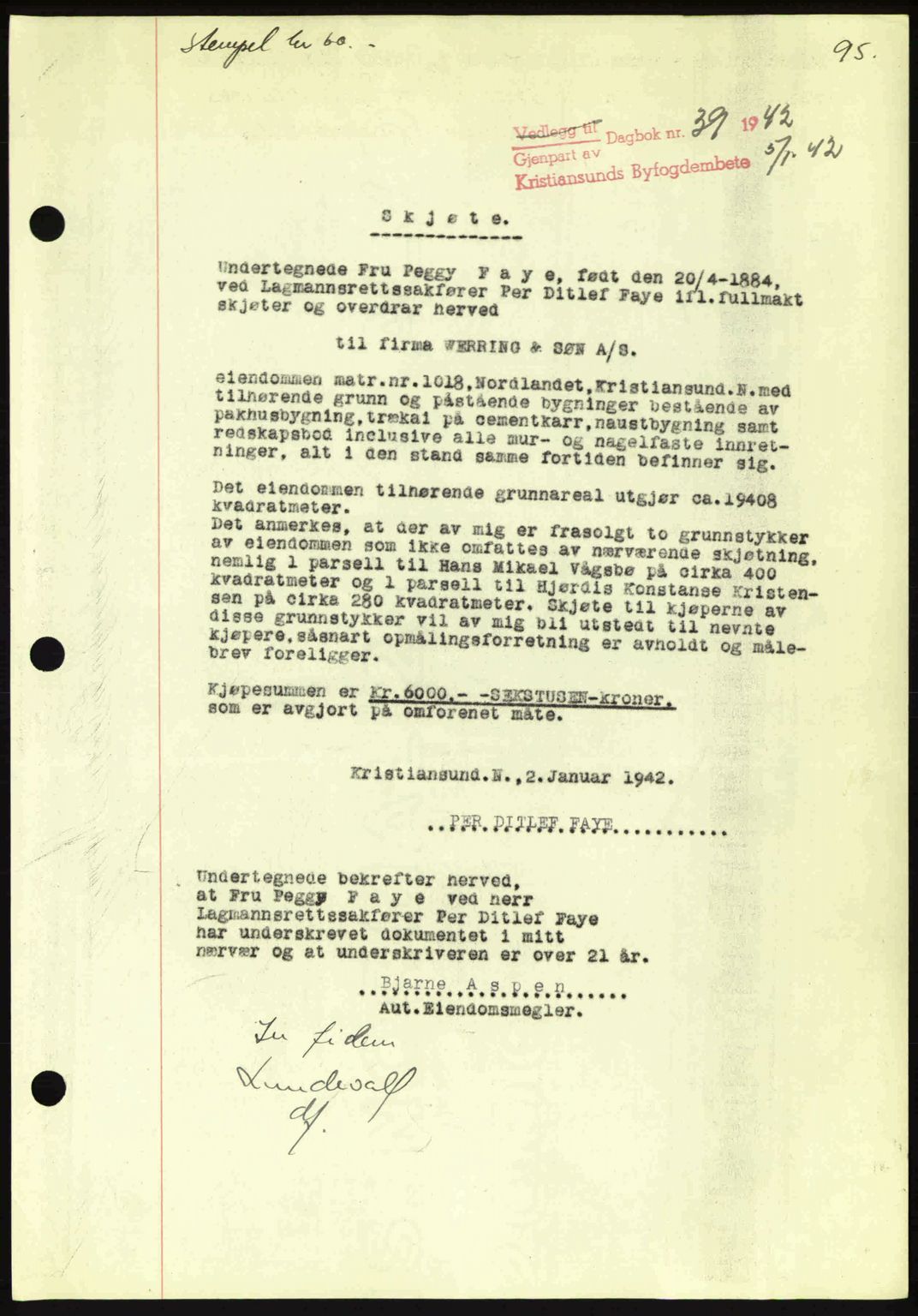 Kristiansund byfogd, AV/SAT-A-4587/A/27: Pantebok nr. 34, 1941-1945, Dagboknr: 39/1942