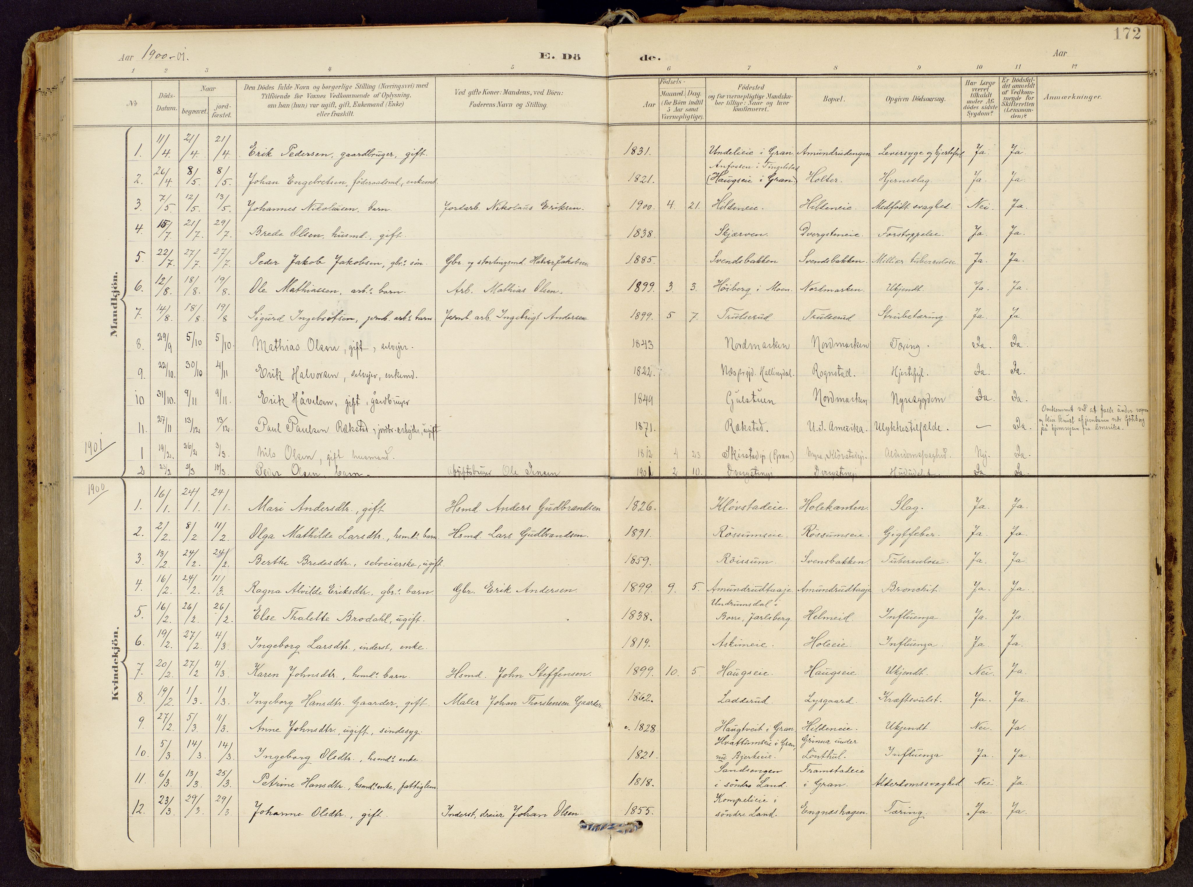 Brandbu prestekontor, AV/SAH-PREST-114/H/Ha/Haa/L0002: Ministerialbok nr. 2, 1899-1914, s. 172