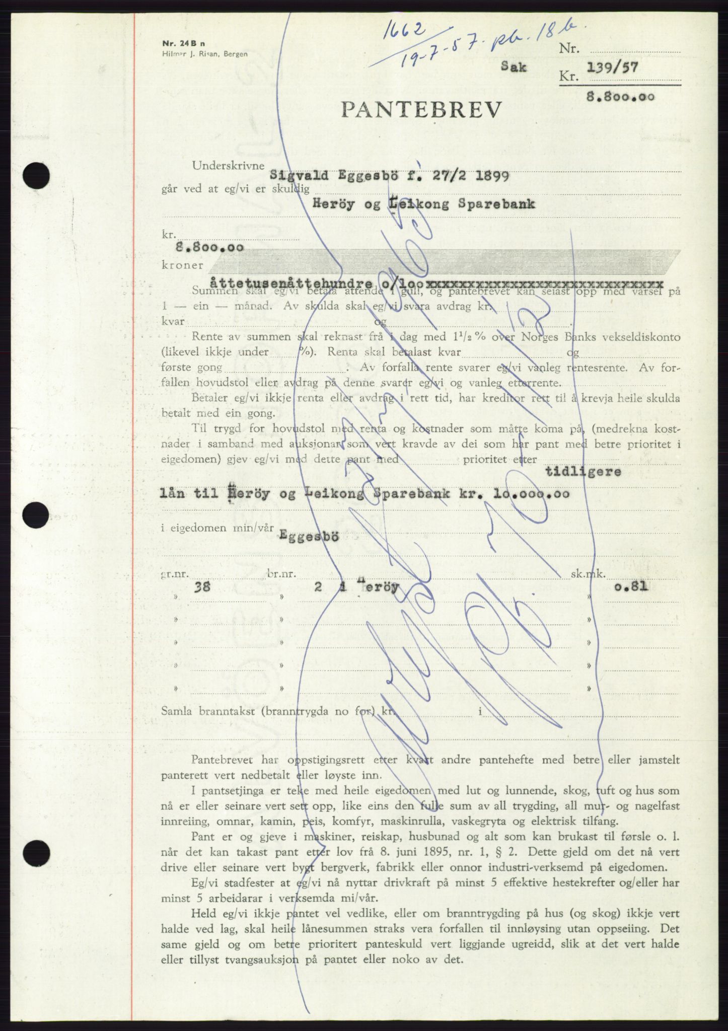 Søre Sunnmøre sorenskriveri, AV/SAT-A-4122/1/2/2C/L0130: Pantebok nr. 18B, 1957-1958, Dagboknr: 1662/1957