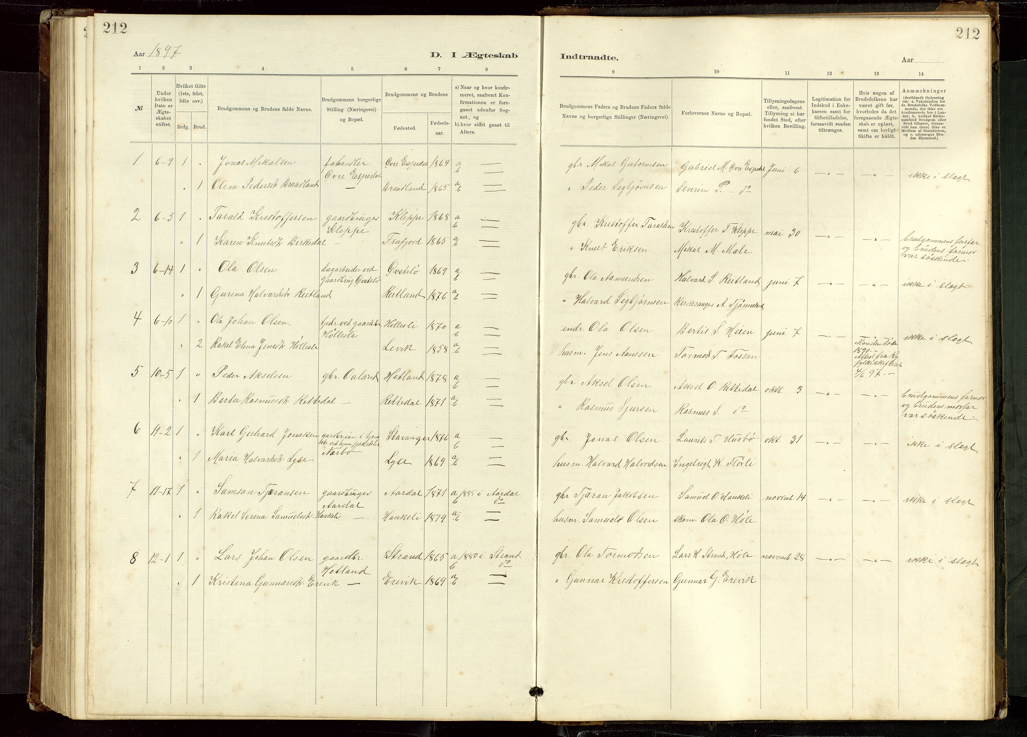 Høgsfjord sokneprestkontor, AV/SAST-A-101624/H/Ha/Hab/L0009: Klokkerbok nr. B 9, 1883-1920, s. 212