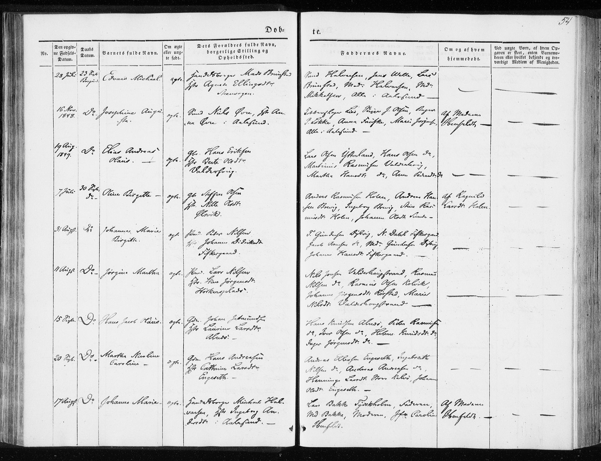 Ministerialprotokoller, klokkerbøker og fødselsregistre - Møre og Romsdal, AV/SAT-A-1454/528/L0415: Residerende kapellans bok nr. 528B03, 1843-1852, s. 54