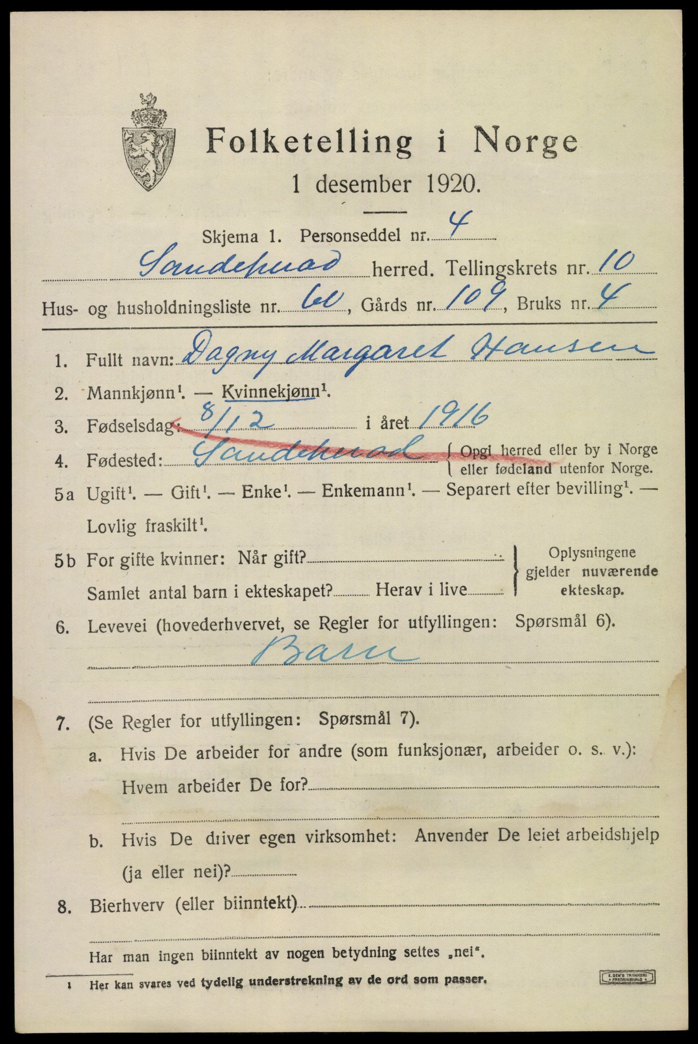 SAKO, Folketelling 1920 for 0724 Sandeherred herred, 1920, s. 15276