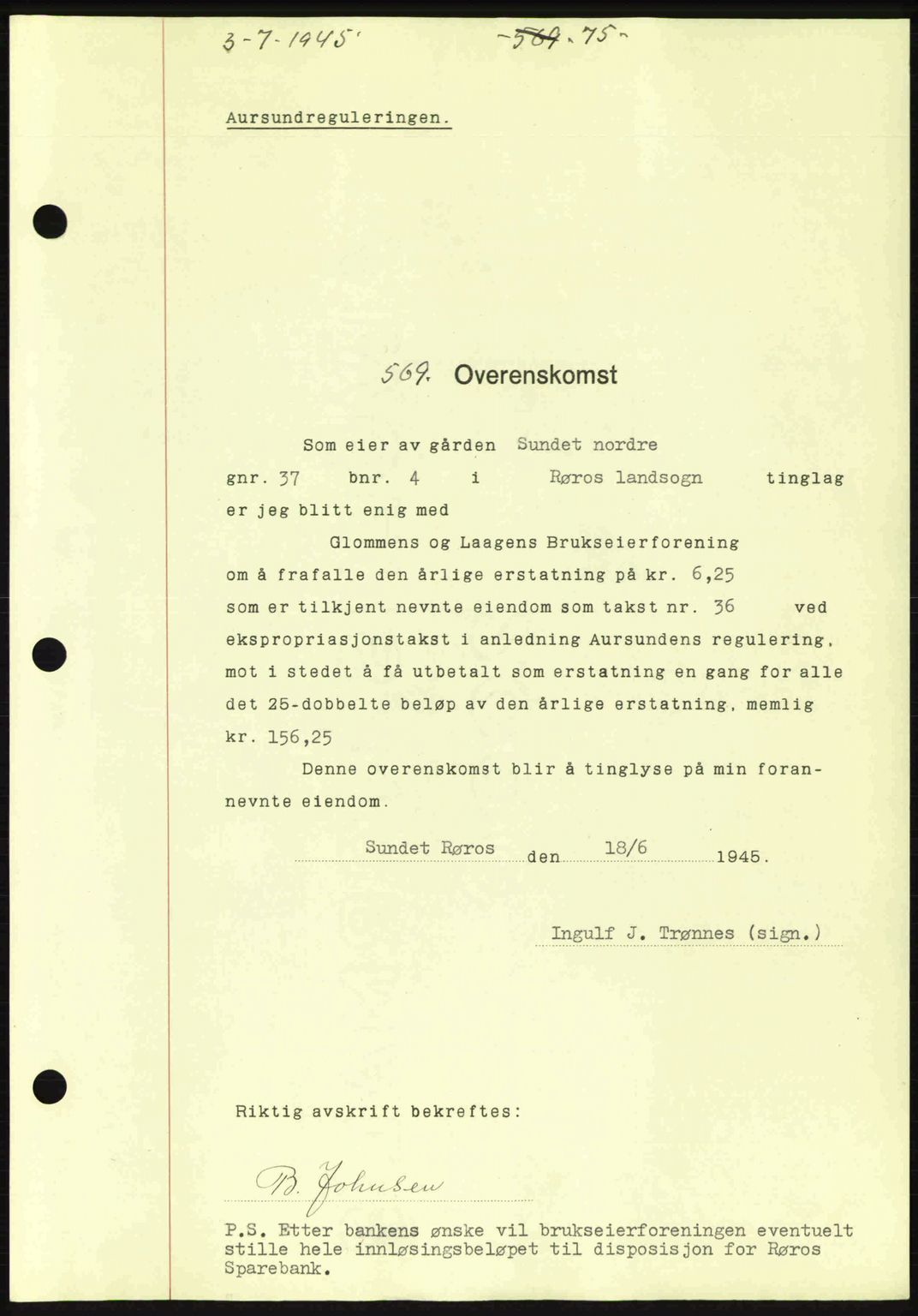 Gauldal sorenskriveri, SAT/A-0014/1/2/2C: Pantebok nr. A1a, 1945-1945, Dagboknr: 569/1945