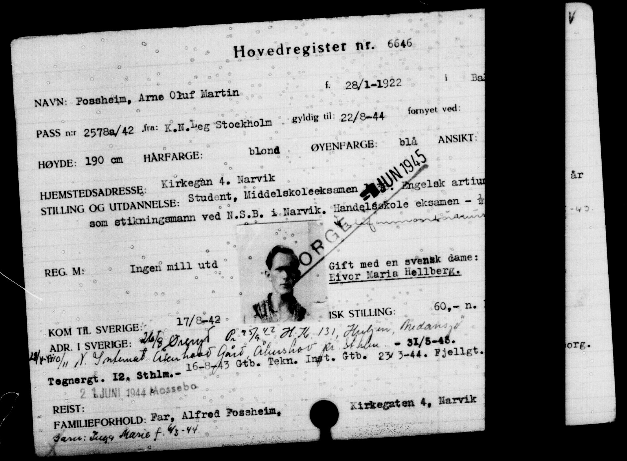 Utenriksstasjonene, Legasjonen i Stockholm, Flyktningkontoret, AV/RA-S-6753/V/Va/L0005: Kjesäterkartoteket, flyktning nr. 6600-9417, 1940-1945, s. 57