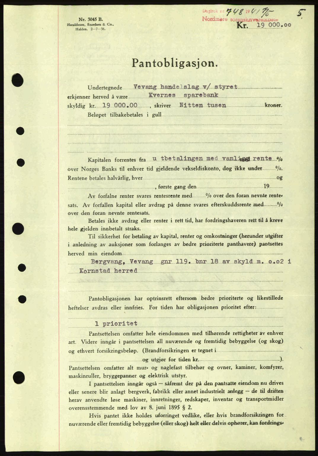 Nordmøre sorenskriveri, SAT/A-4132/1/2/2Ca: Pantebok nr. B88, 1941-1942, Dagboknr: 748/1941
