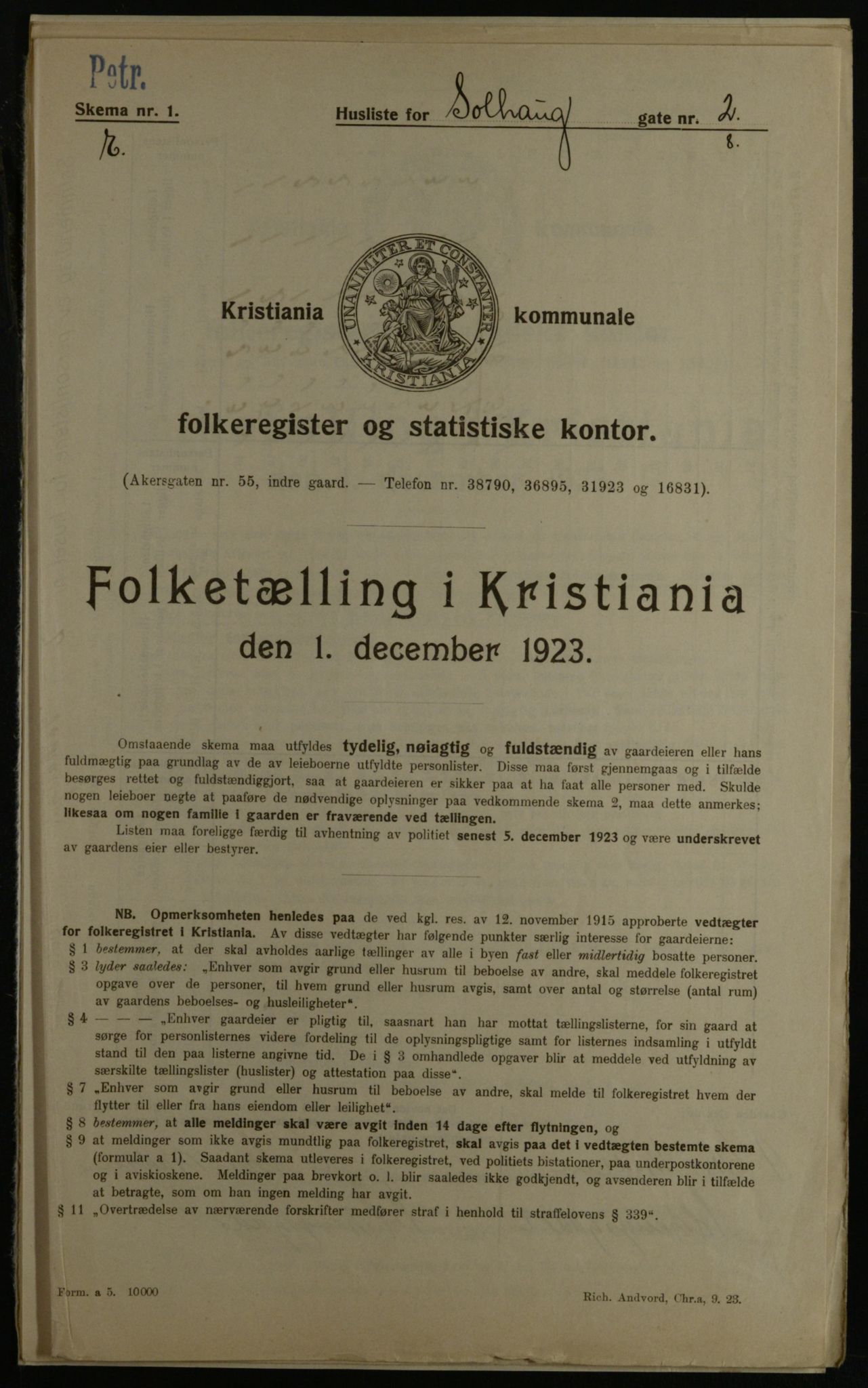 OBA, Kommunal folketelling 1.12.1923 for Kristiania, 1923, s. 109518