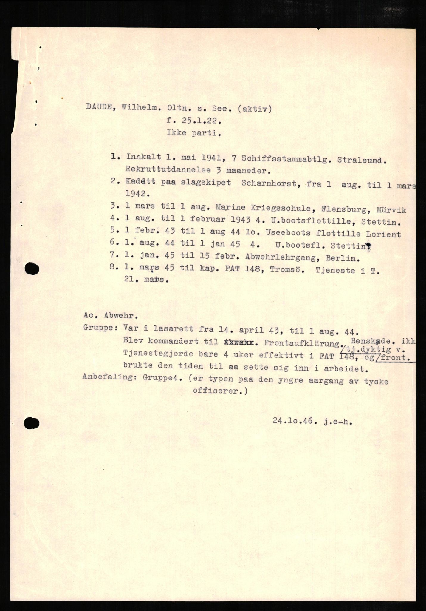 Forsvaret, Forsvarets overkommando II, RA/RAFA-3915/D/Db/L0005: CI Questionaires. Tyske okkupasjonsstyrker i Norge. Tyskere., 1945-1946, s. 364