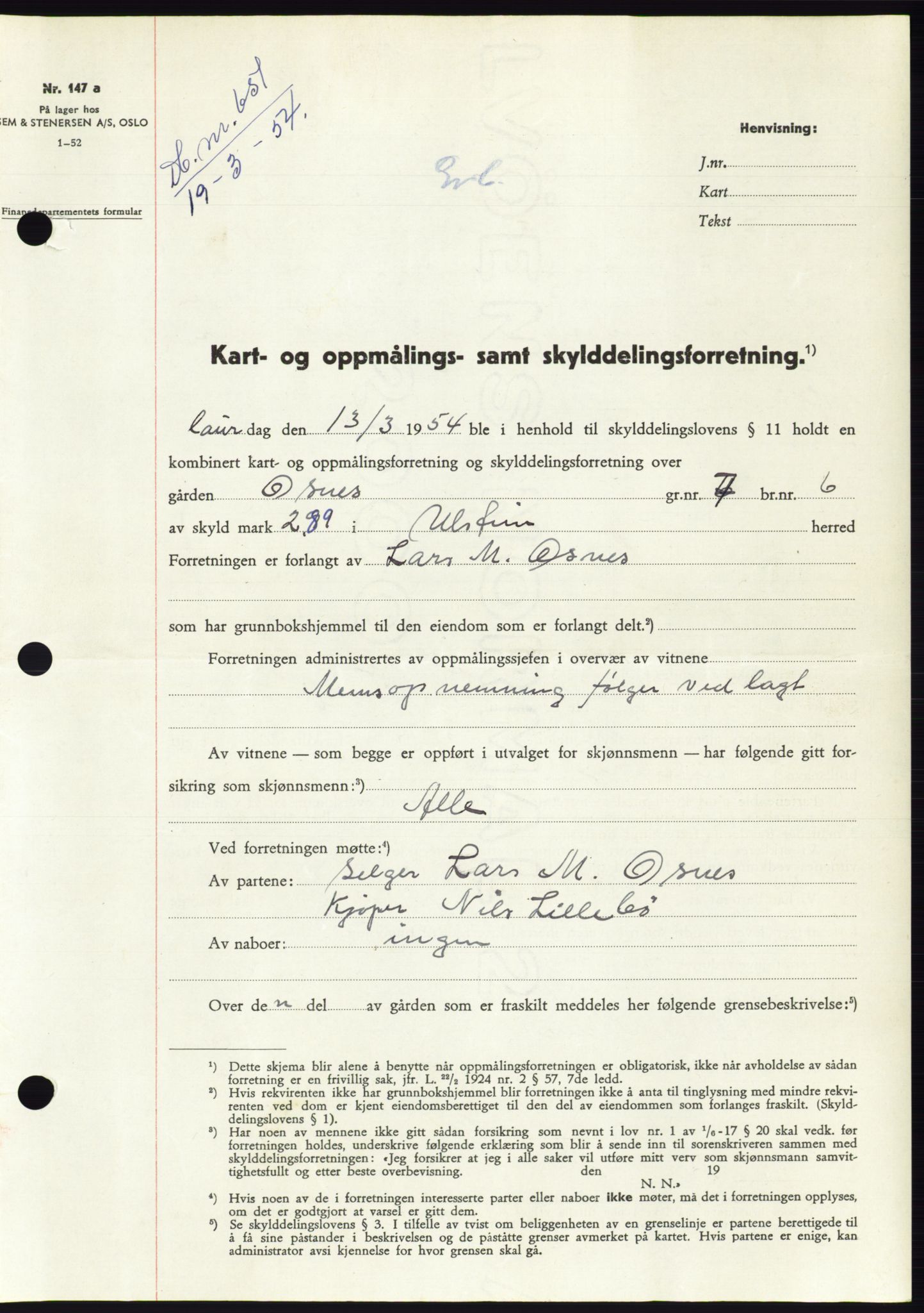 Søre Sunnmøre sorenskriveri, SAT/A-4122/1/2/2C/L0097: Pantebok nr. 23A, 1954-1954, Dagboknr: 651/1954