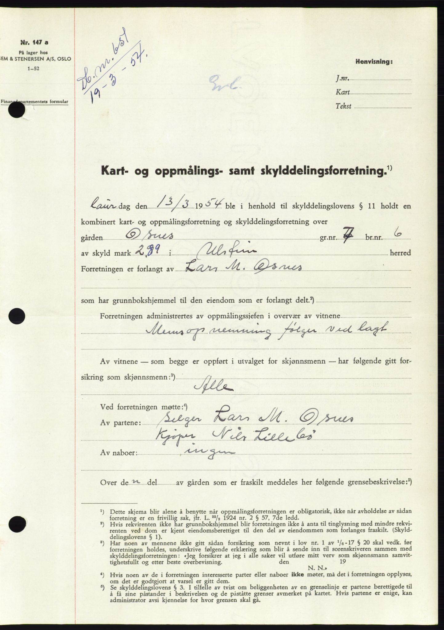 Søre Sunnmøre sorenskriveri, AV/SAT-A-4122/1/2/2C/L0097: Pantebok nr. 23A, 1954-1954, Dagboknr: 651/1954