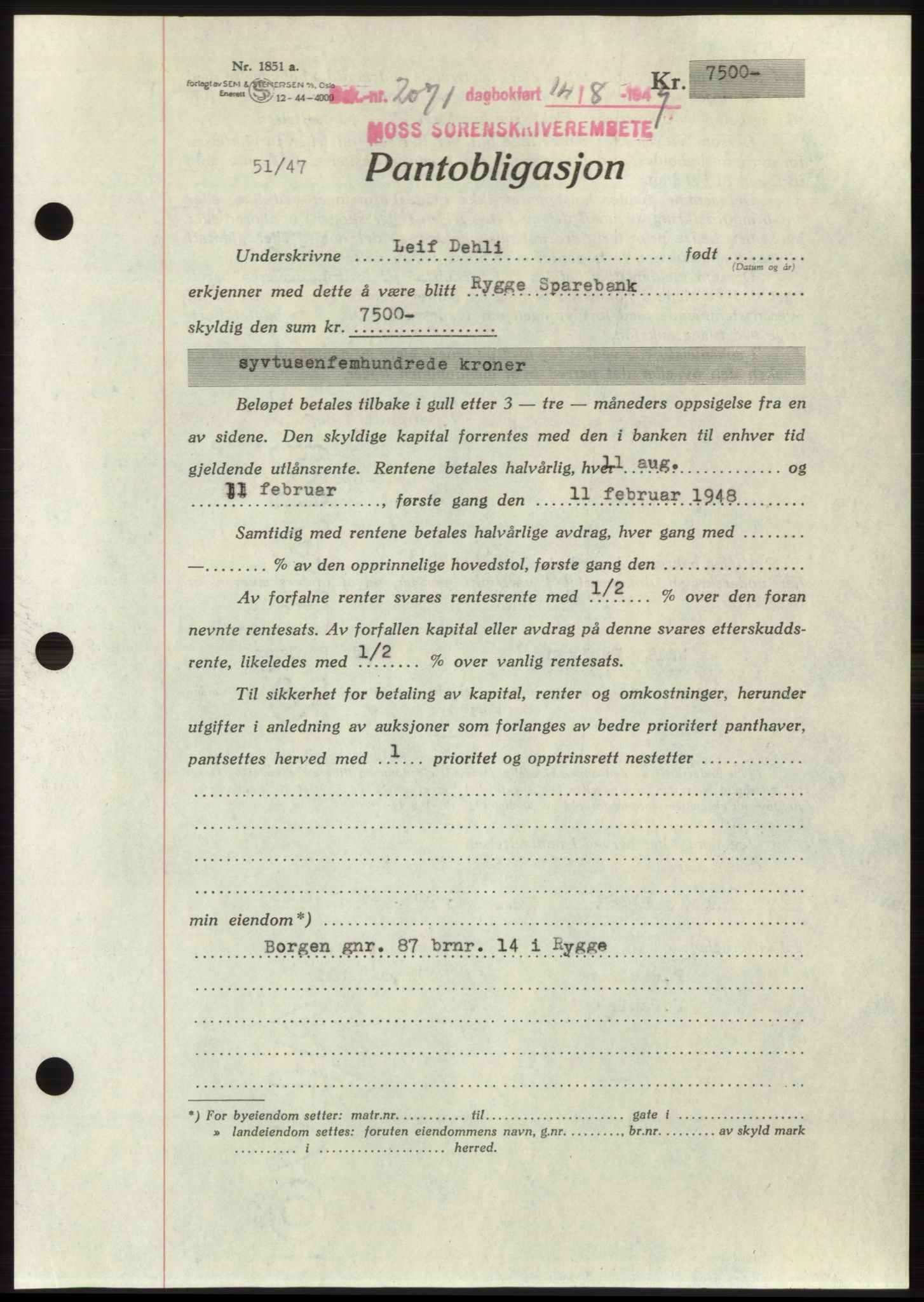 Moss sorenskriveri, SAO/A-10168: Pantebok nr. B17, 1947-1947, Dagboknr: 2071/1947