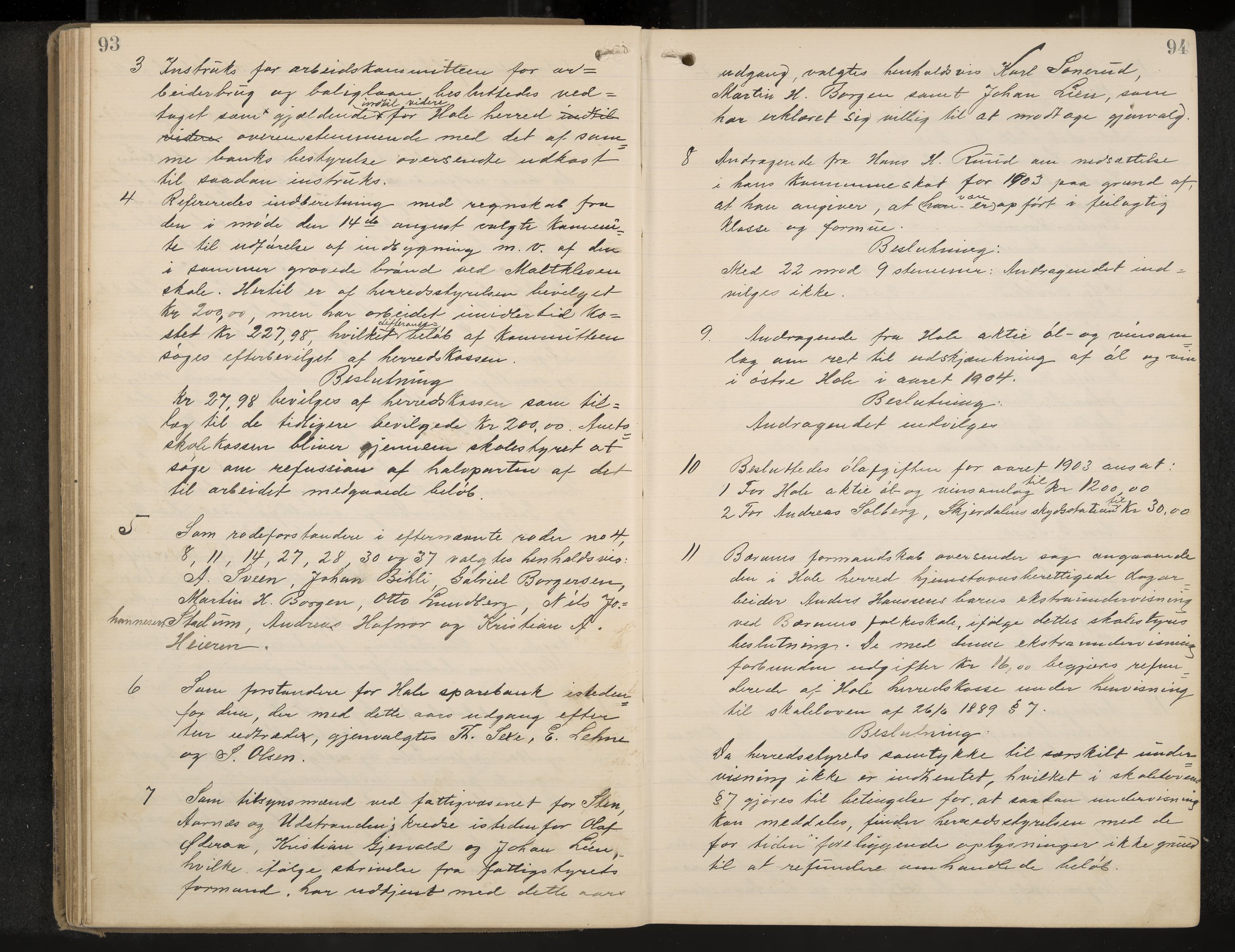 Hole formannskap og sentraladministrasjon, IKAK/0612021-1/A/Aa/L0004: Møtebok med register, 1902-1910, s. 93-94