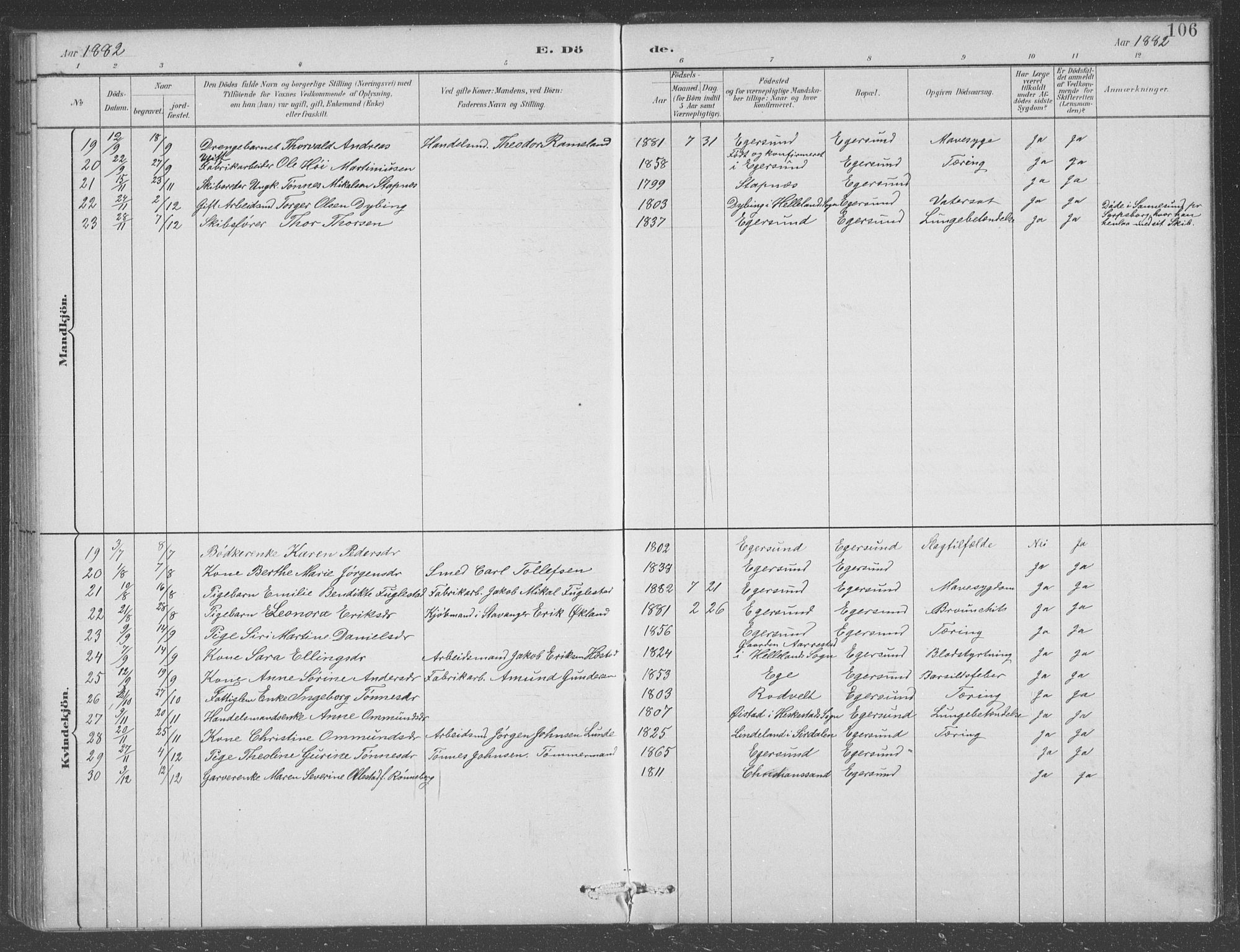 Eigersund sokneprestkontor, AV/SAST-A-101807/S09/L0008: Klokkerbok nr. B 8, 1882-1892, s. 106