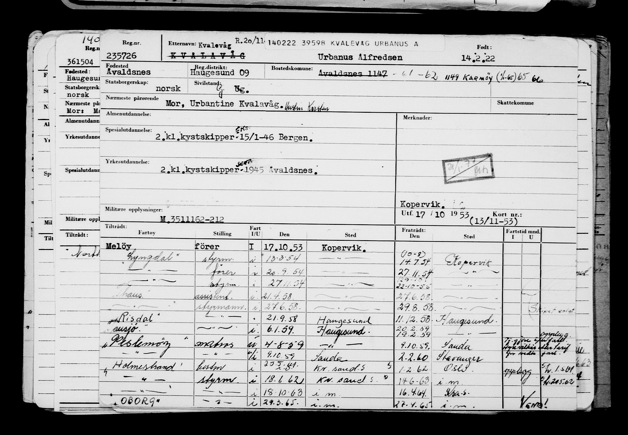 Direktoratet for sjømenn, AV/RA-S-3545/G/Gb/L0203: Hovedkort, 1922, s. 73