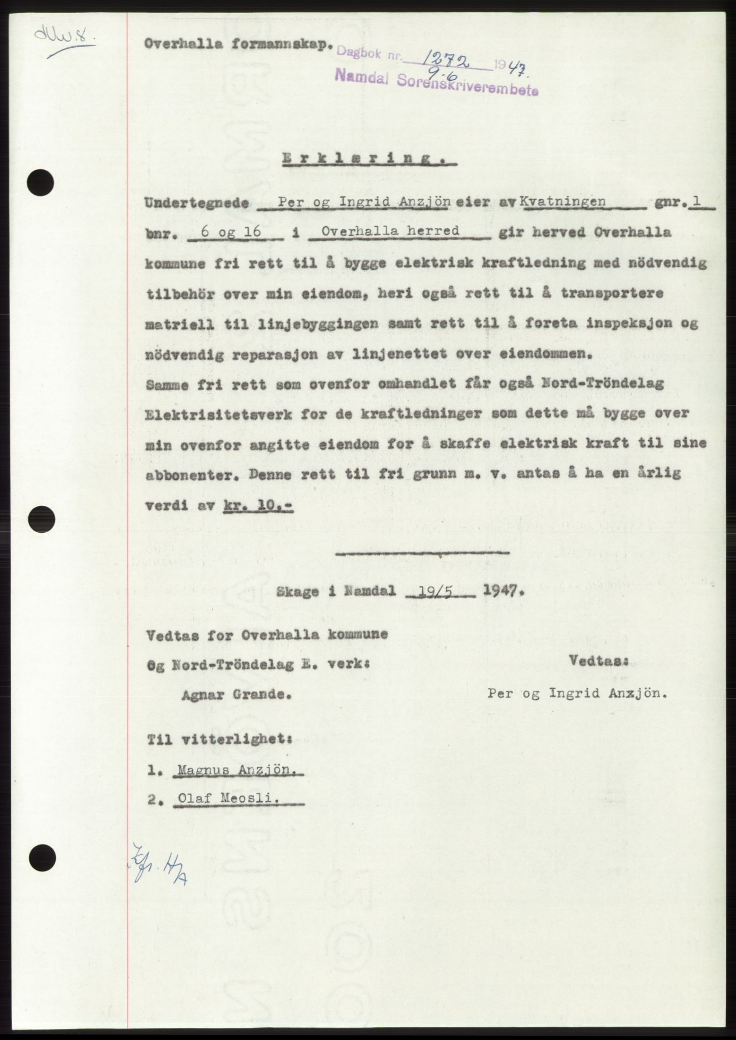 Namdal sorenskriveri, SAT/A-4133/1/2/2C: Pantebok nr. -, 1947-1947, Dagboknr: 1272/1947