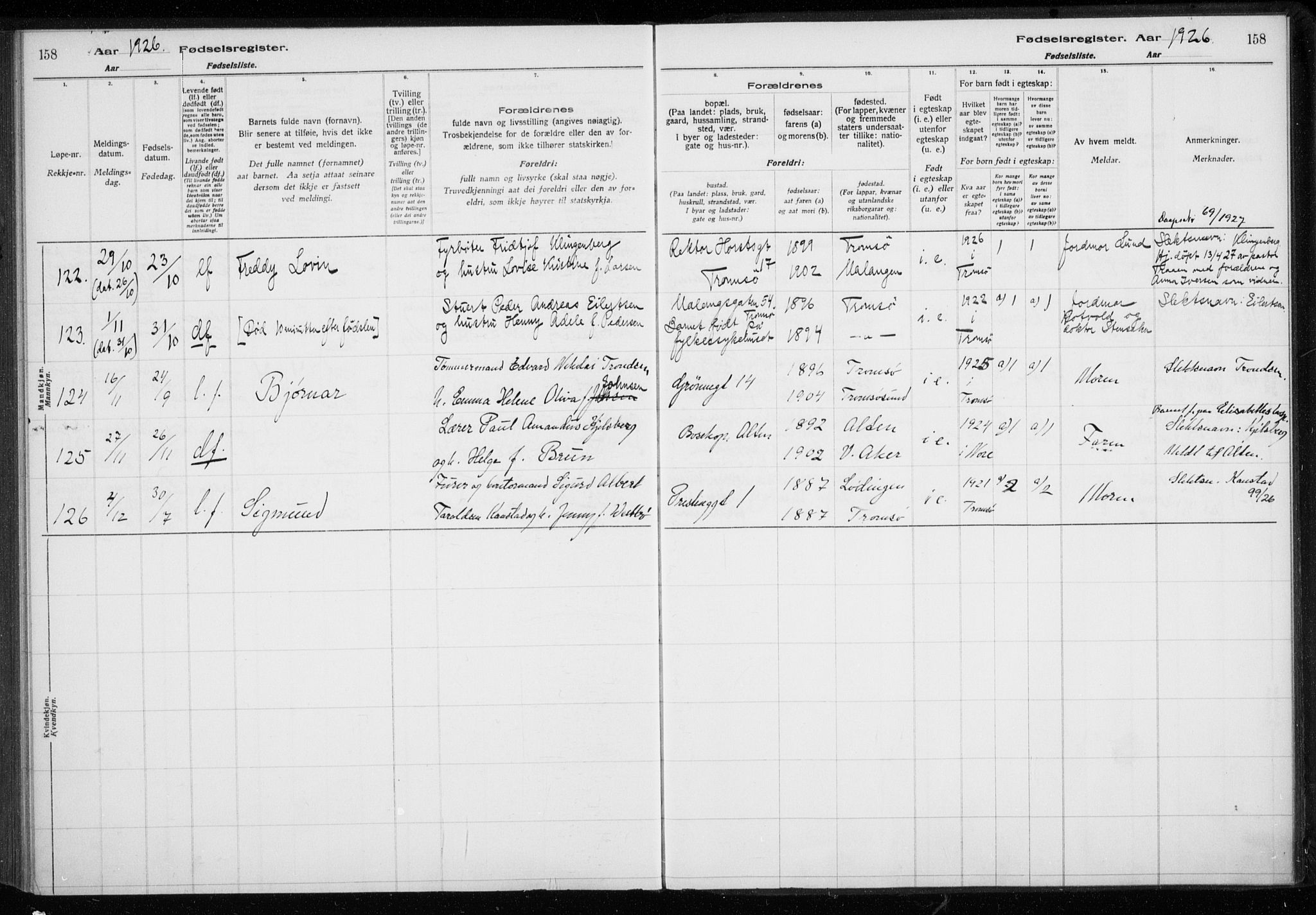 Tromsø sokneprestkontor/stiftsprosti/domprosti, AV/SATØ-S-1343/H/Ha/L0132: Fødselsregister nr. 132, 1921-1927, s. 158