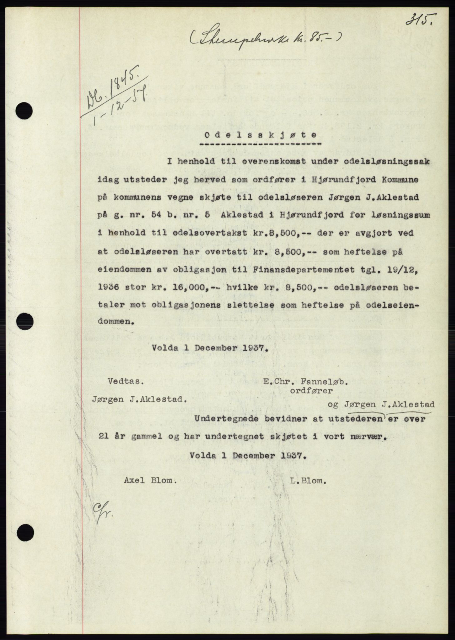Søre Sunnmøre sorenskriveri, SAT/A-4122/1/2/2C/L0064: Pantebok nr. 58, 1937-1938, Dagboknr: 1845/1937