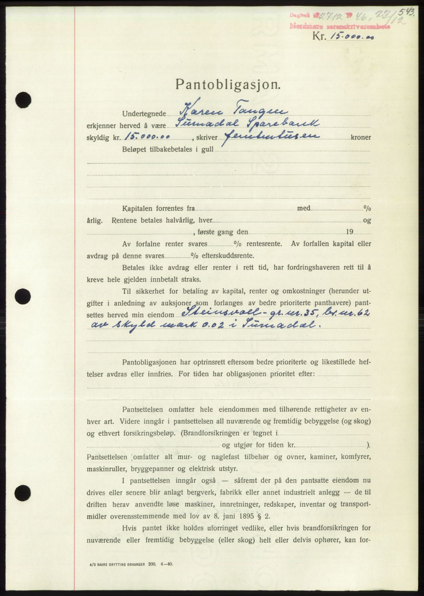 Nordmøre sorenskriveri, SAT/A-4132/1/2/2Ca: Pantebok nr. B95, 1946-1947, Dagboknr: 2712/1946