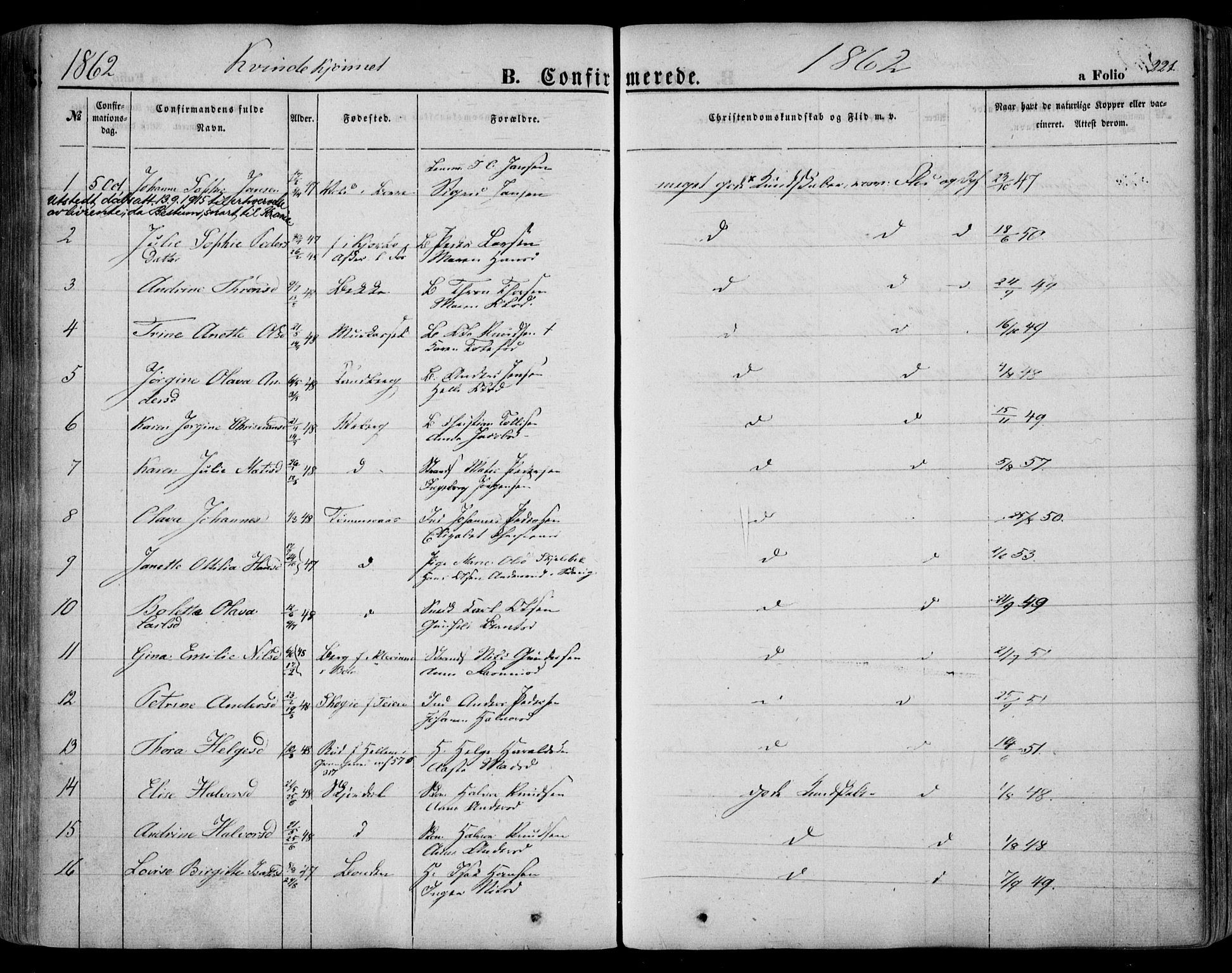 Sande Kirkebøker, AV/SAKO-A-53/F/Fa/L0004: Ministerialbok nr. 4, 1847-1864, s. 221