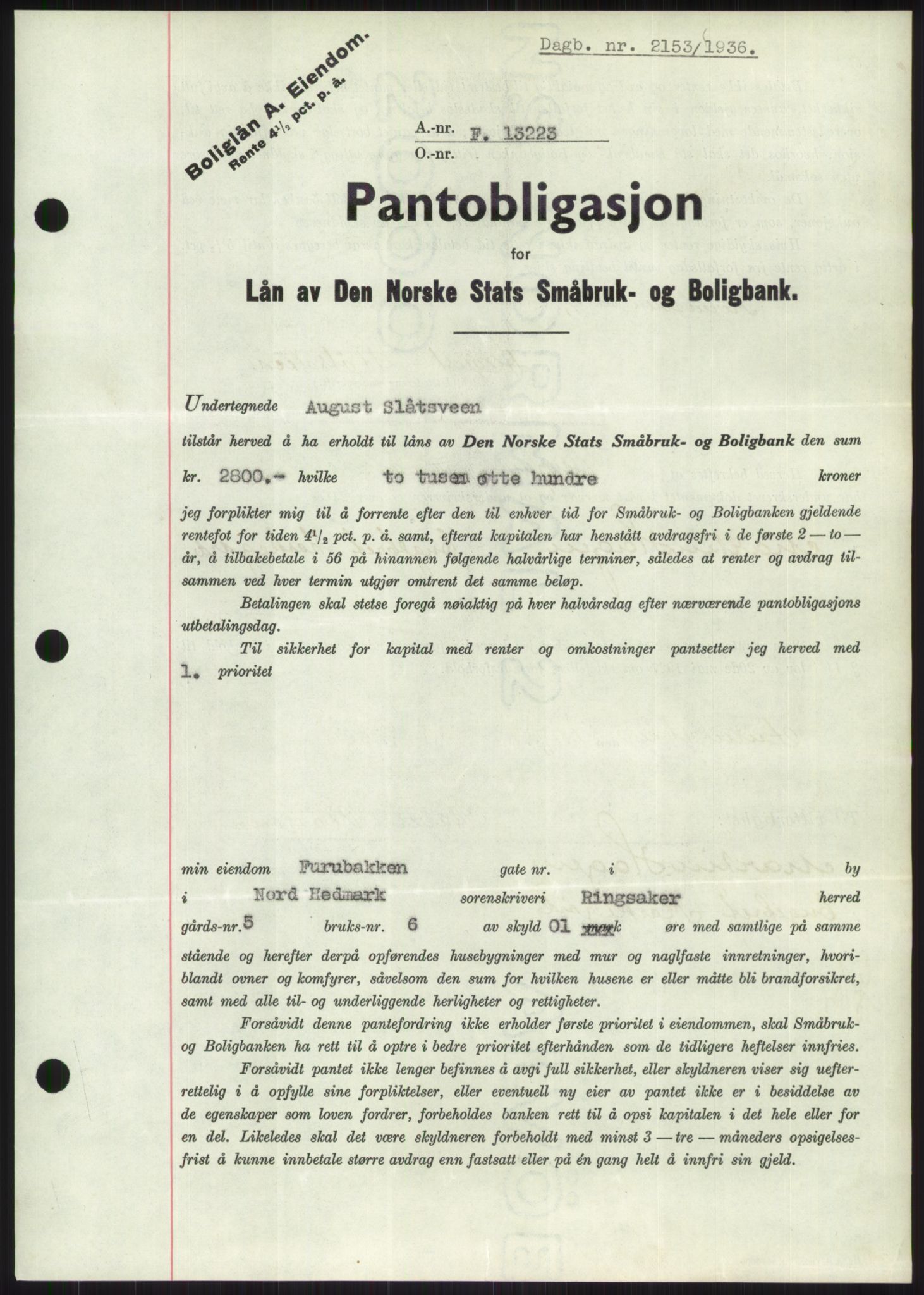 Nord-Hedmark sorenskriveri, SAH/TING-012/H/Hb/Hbf/L0001: Pantebok nr. B1, 1936-1936, Dagboknr: 2153/1936