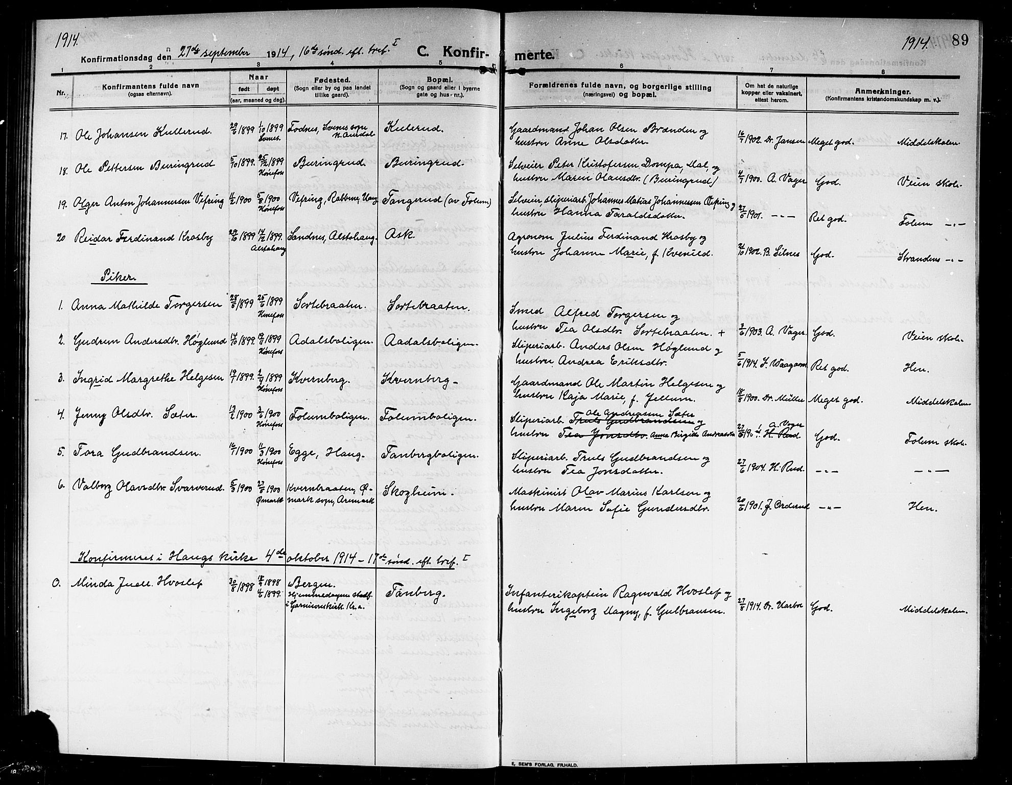 Norderhov kirkebøker, AV/SAKO-A-237/G/Ga/L0009: Klokkerbok nr. I 9, 1913-1920, s. 89