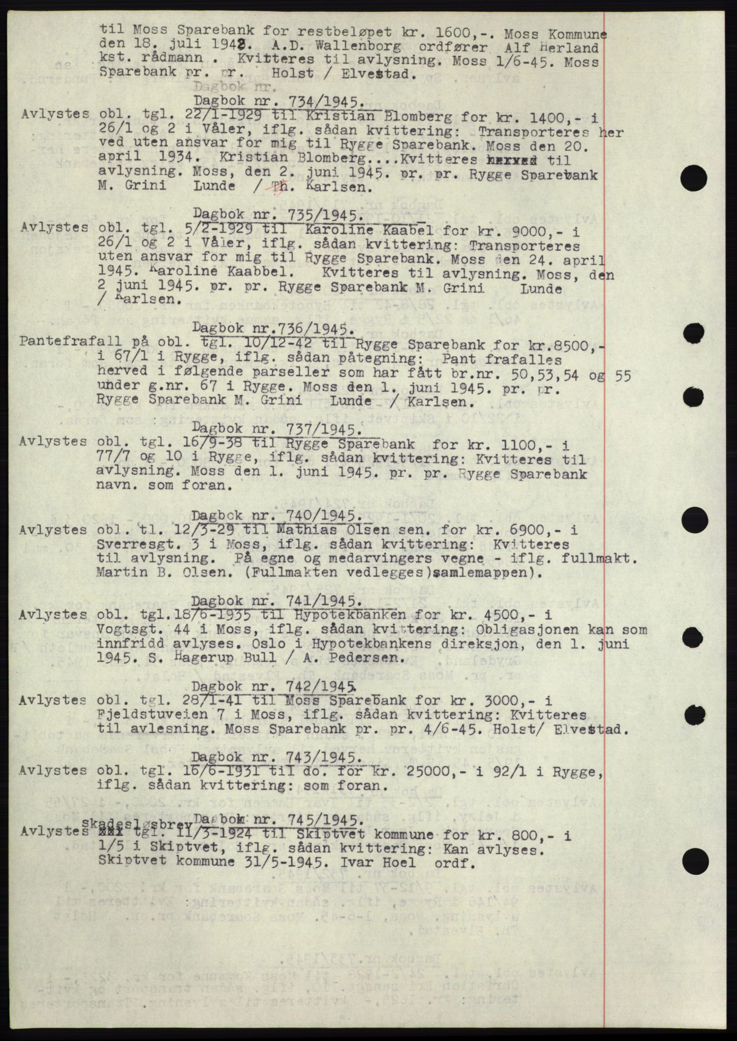 Moss sorenskriveri, SAO/A-10168: Pantebok nr. C10, 1938-1950, Dagboknr: 734/1945