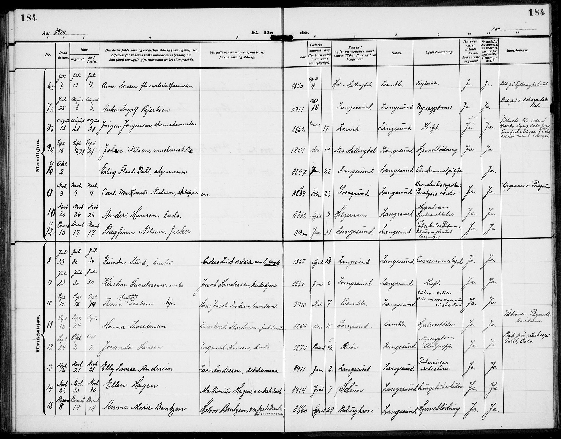 Langesund kirkebøker, AV/SAKO-A-280/G/Ga/L0007: Klokkerbok nr. 7, 1919-1939, s. 184