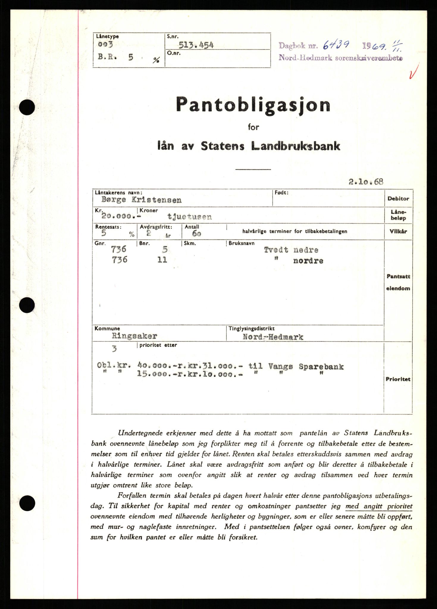 Nord-Hedmark sorenskriveri, SAH/TING-012/H/Hb/Hbf/L0082: Pantebok nr. B82, 1969-1969, Dagboknr: 6439/1969