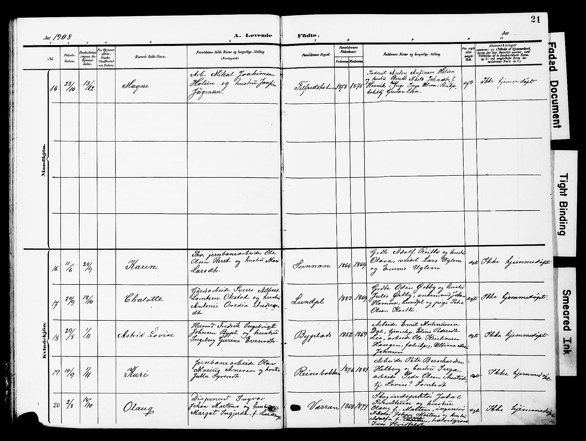 Ministerialprotokoller, klokkerbøker og fødselsregistre - Nord-Trøndelag, AV/SAT-A-1458/740/L0381: Klokkerbok nr. 740C02, 1903-1914, s. 21