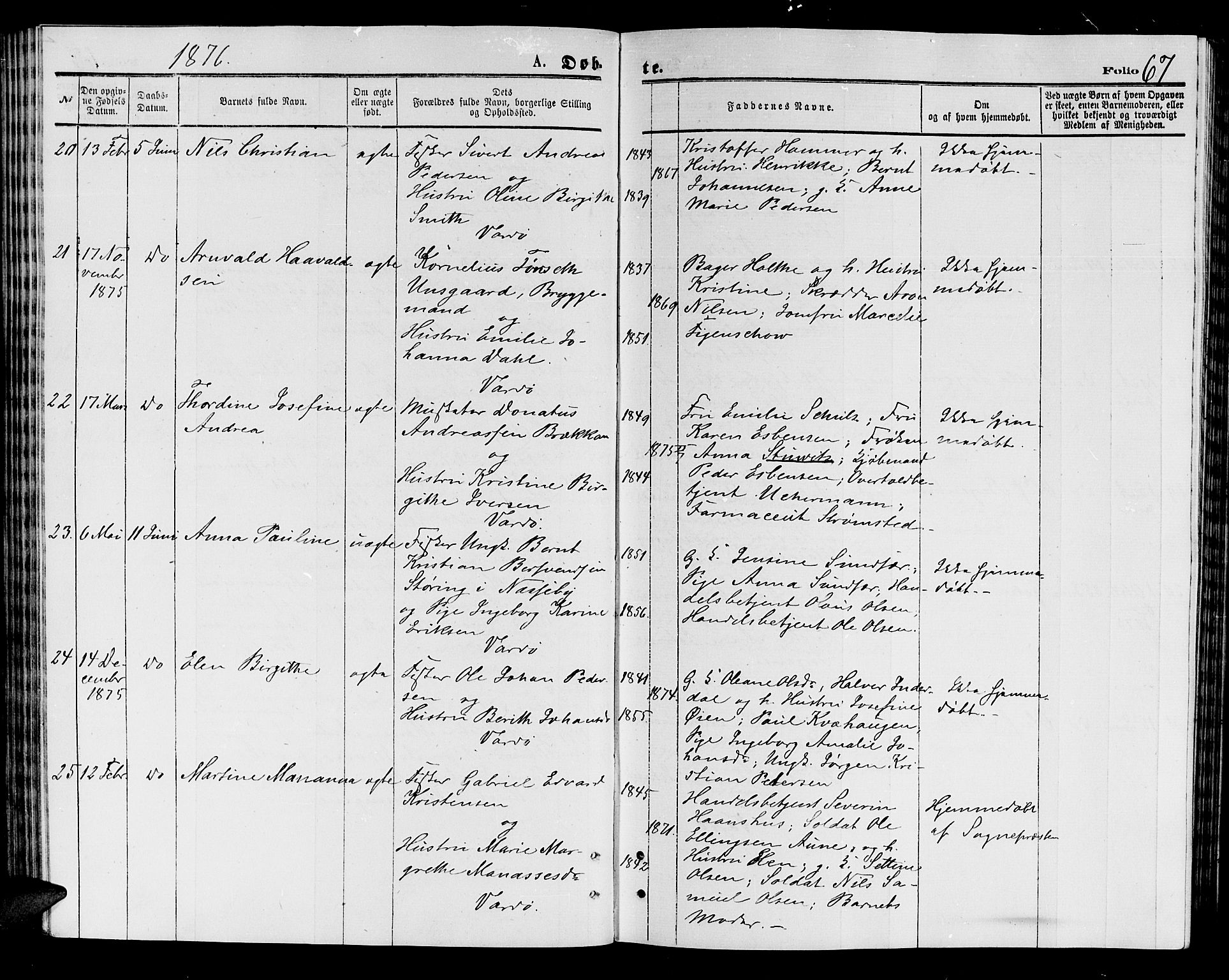 Vardø sokneprestkontor, AV/SATØ-S-1332/H/Hb/L0003klokker: Klokkerbok nr. 3, 1871-1878, s. 67