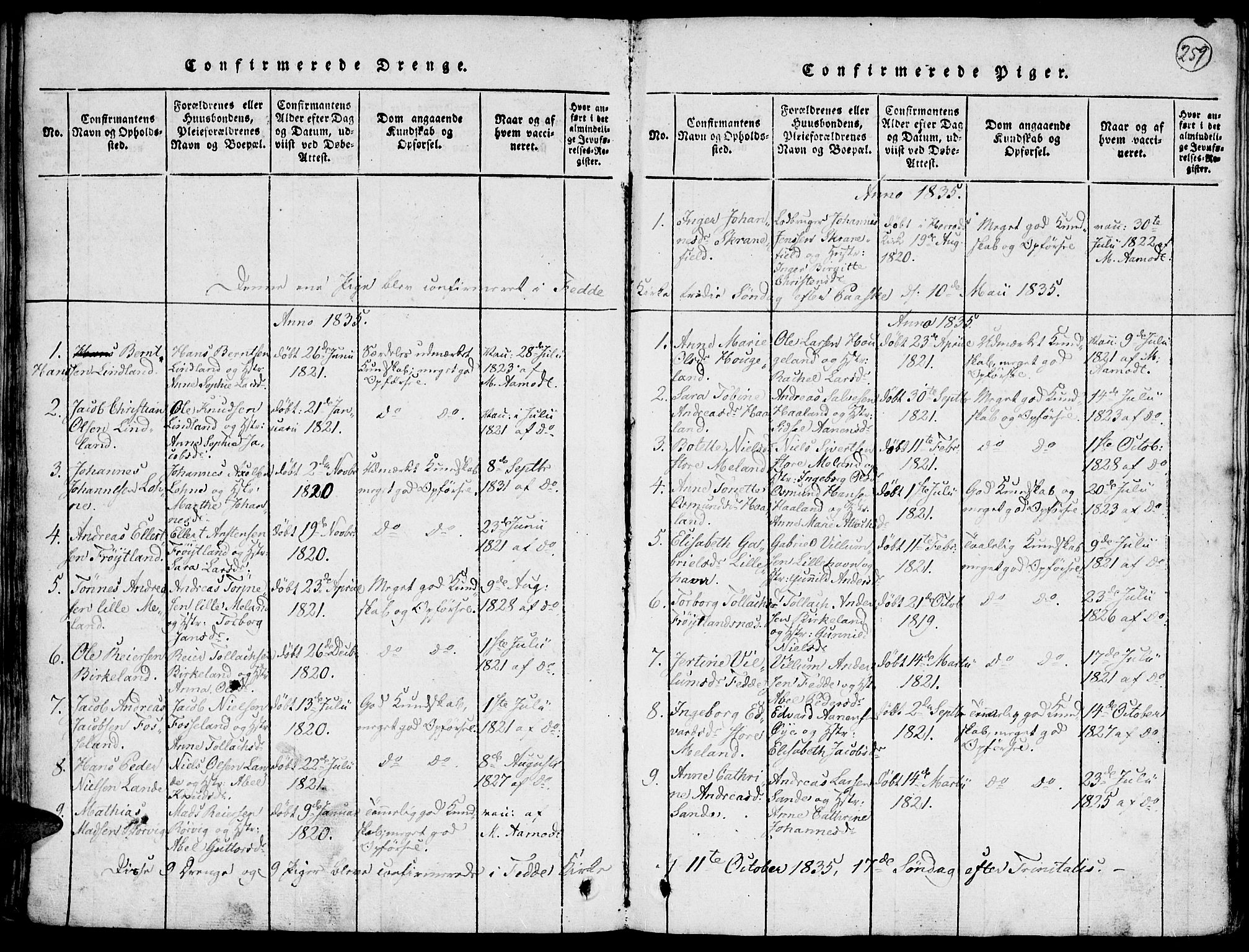 Kvinesdal sokneprestkontor, SAK/1111-0026/F/Fa/Faa/L0001: Ministerialbok nr. A 1, 1815-1849, s. 259