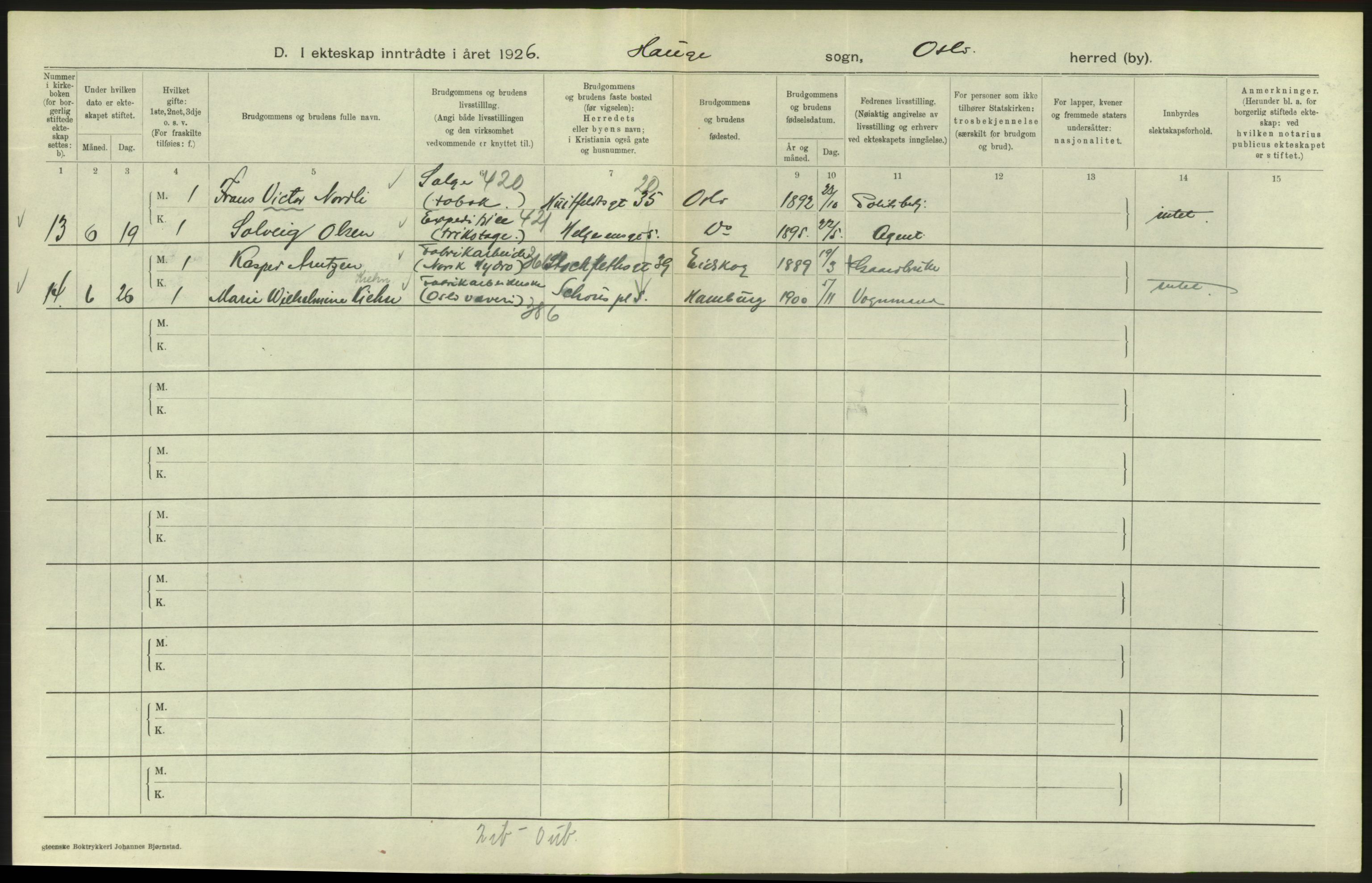 Statistisk sentralbyrå, Sosiodemografiske emner, Befolkning, AV/RA-S-2228/D/Df/Dfc/Dfcf/L0008: Oslo: Gifte, 1926, s. 732