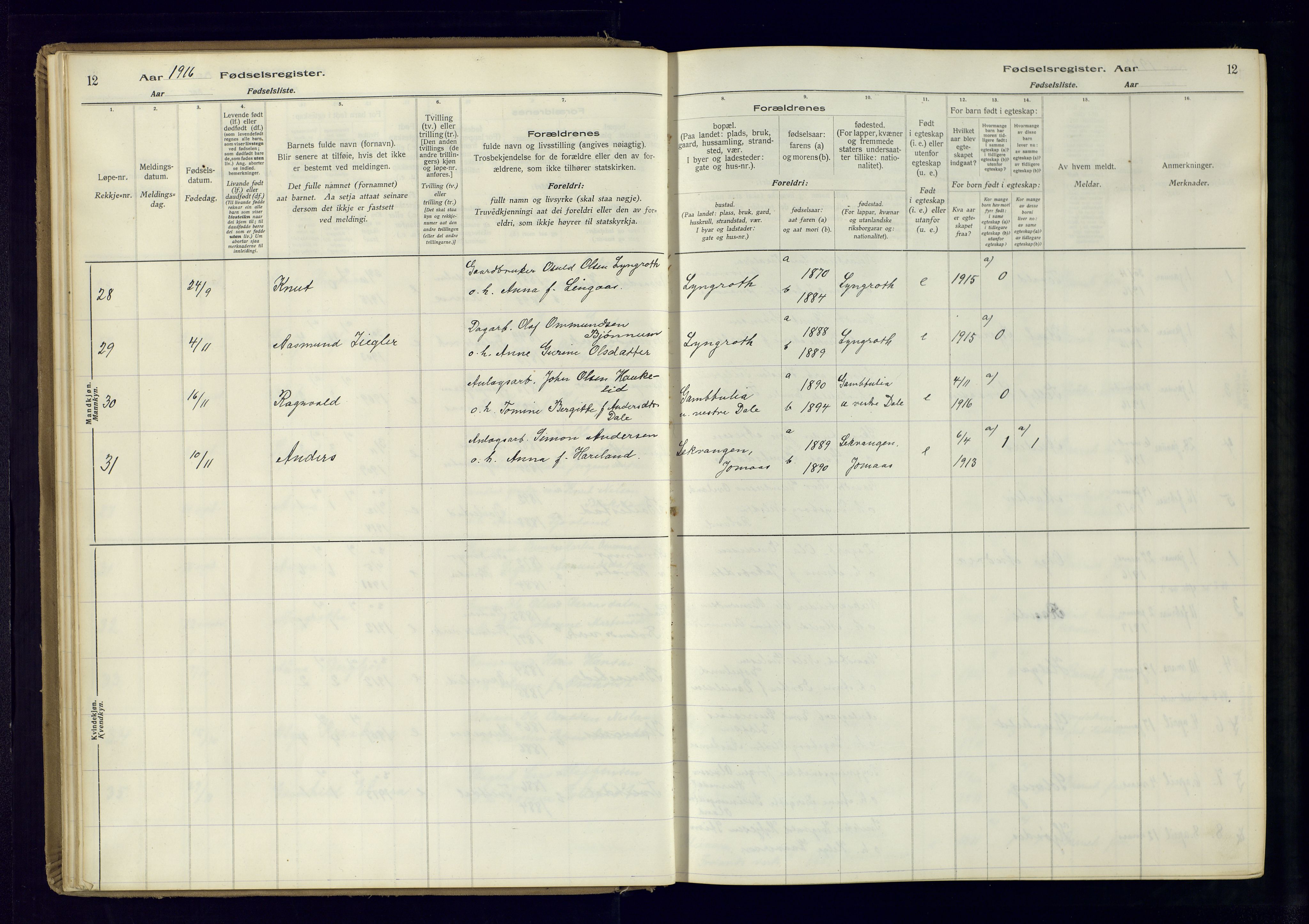 Froland sokneprestkontor, AV/SAK-1111-0013/J/Ja/L0001: Fødselsregister nr. 1, 1916-1950, s. 12