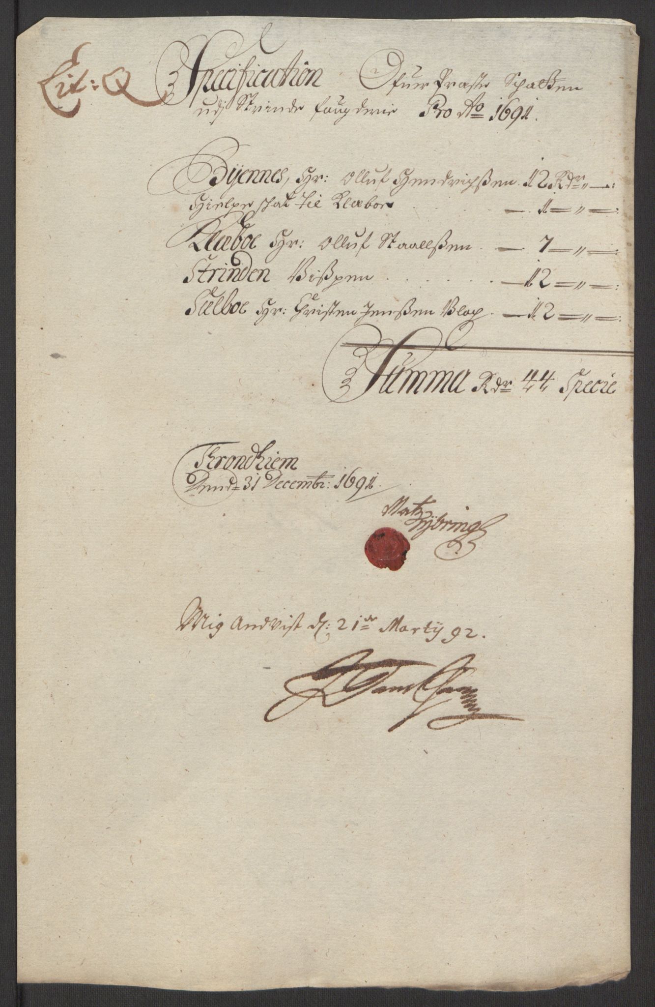Rentekammeret inntil 1814, Reviderte regnskaper, Fogderegnskap, AV/RA-EA-4092/R61/L4103: Fogderegnskap Strinda og Selbu, 1691-1692, s. 153