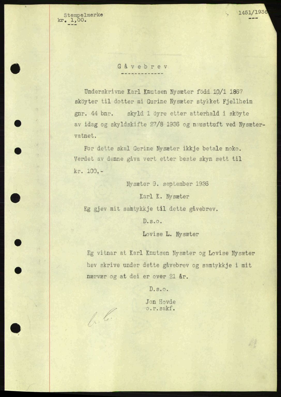 Nordre Sunnmøre sorenskriveri, SAT/A-0006/1/2/2C/2Ca: Pantebok nr. A2, 1936-1937, Dagboknr: 1451/1936