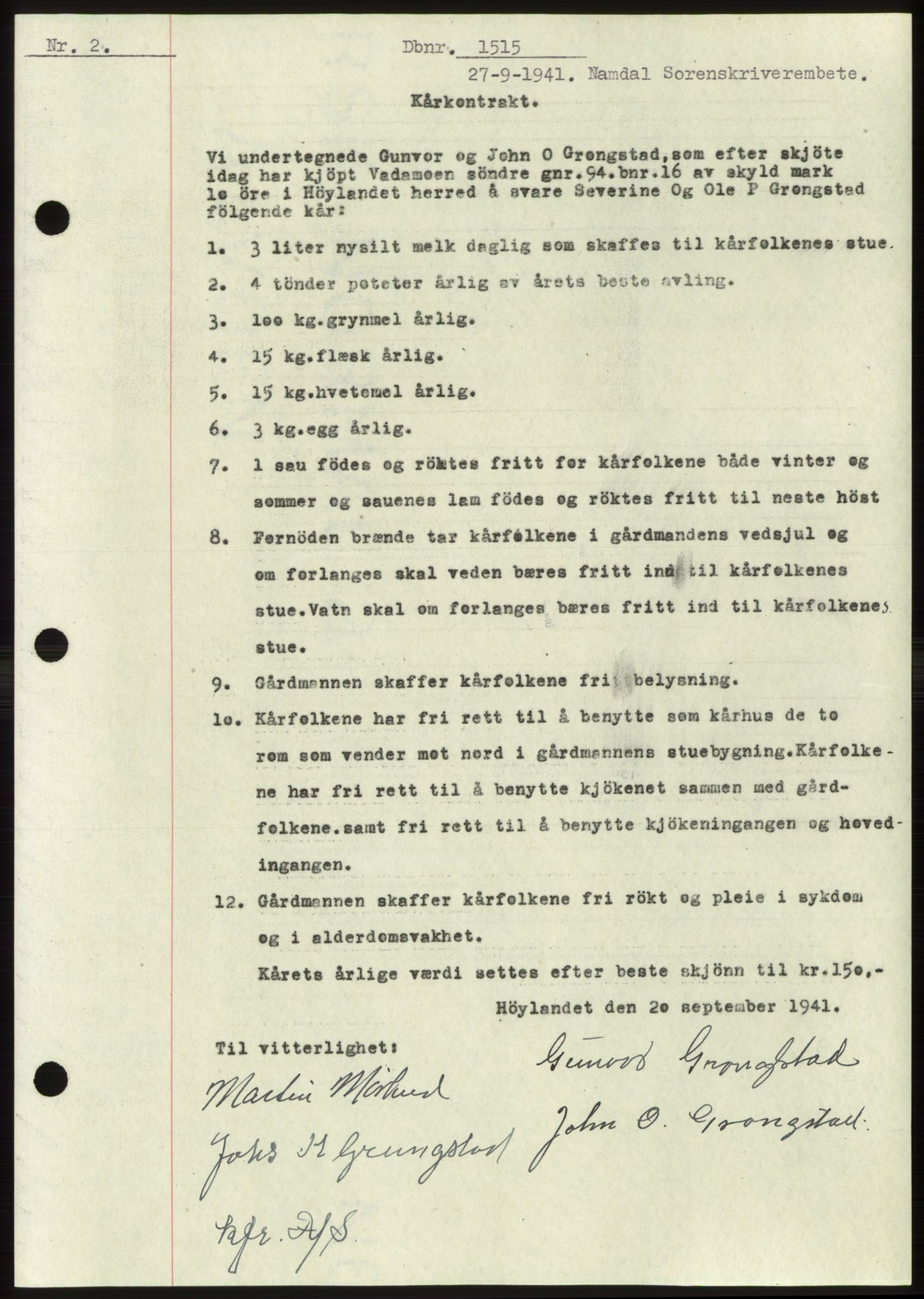 Namdal sorenskriveri, SAT/A-4133/1/2/2C: Pantebok nr. -, 1941-1942, Dagboknr: 1515/1941