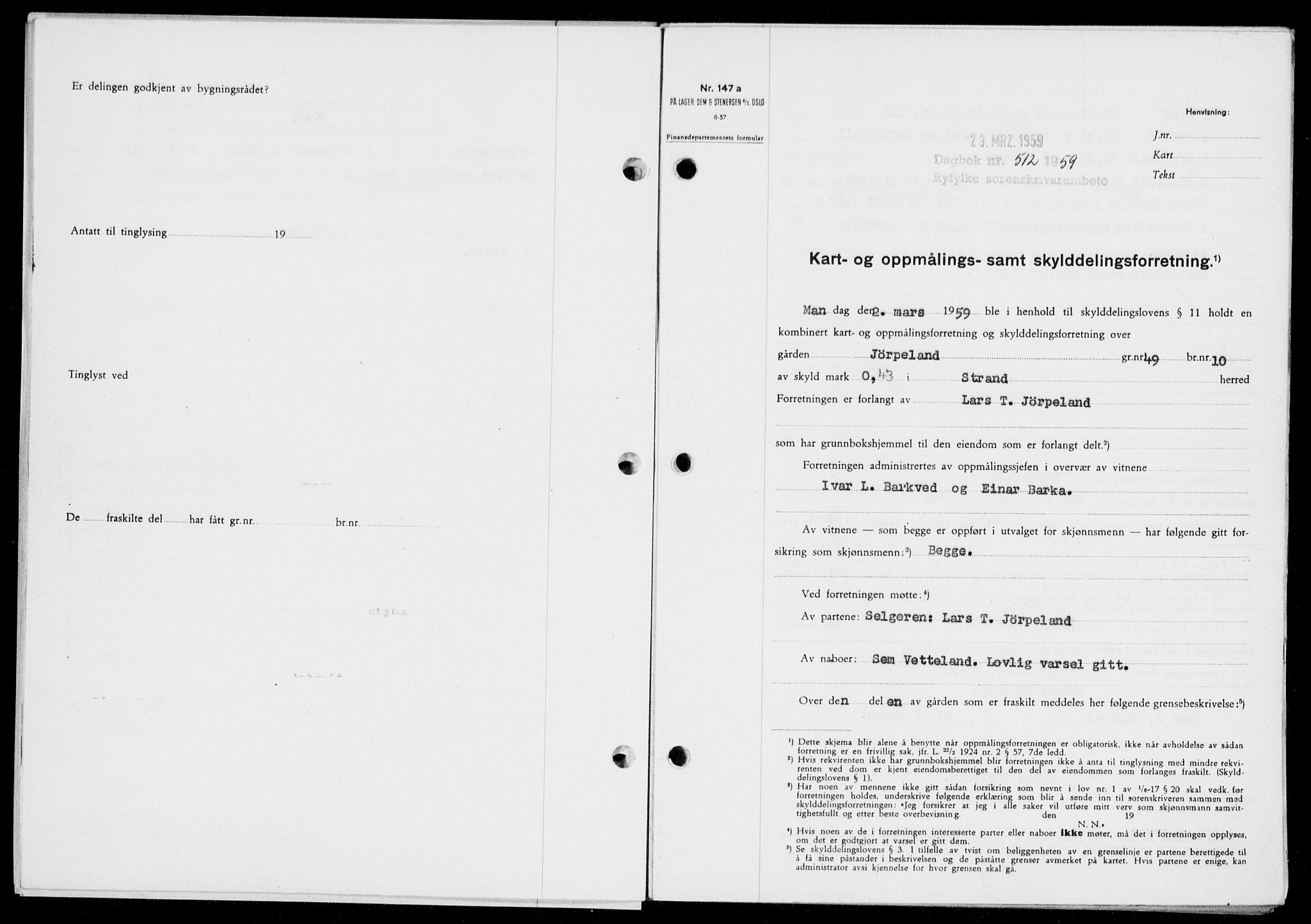 Ryfylke tingrett, SAST/A-100055/001/II/IIB/L0146: Pantebok nr. 125, 1965-1959, Dagboknr: 512/1959