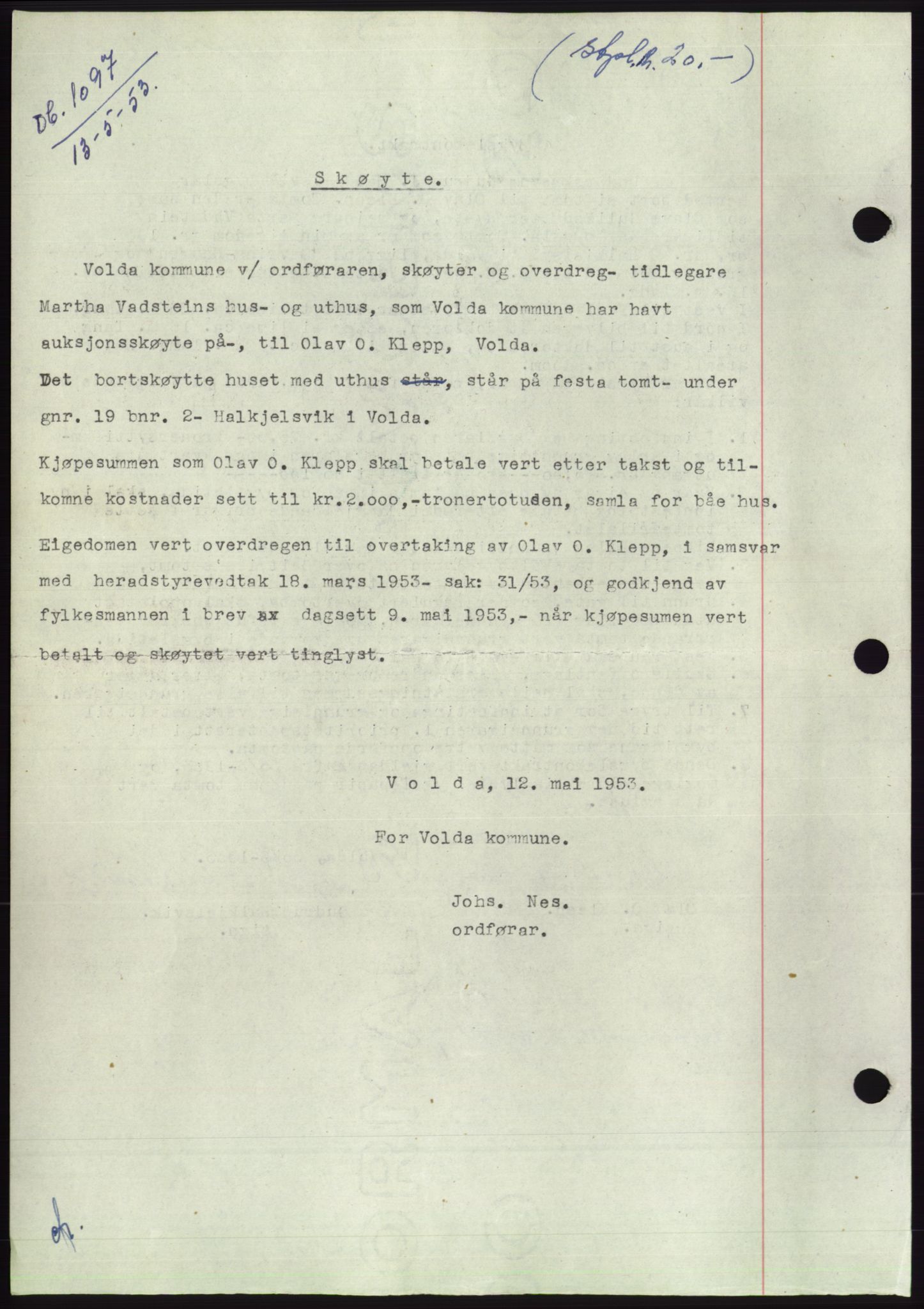 Søre Sunnmøre sorenskriveri, AV/SAT-A-4122/1/2/2C/L0094: Pantebok nr. 20A, 1953-1953, Dagboknr: 1097/1953