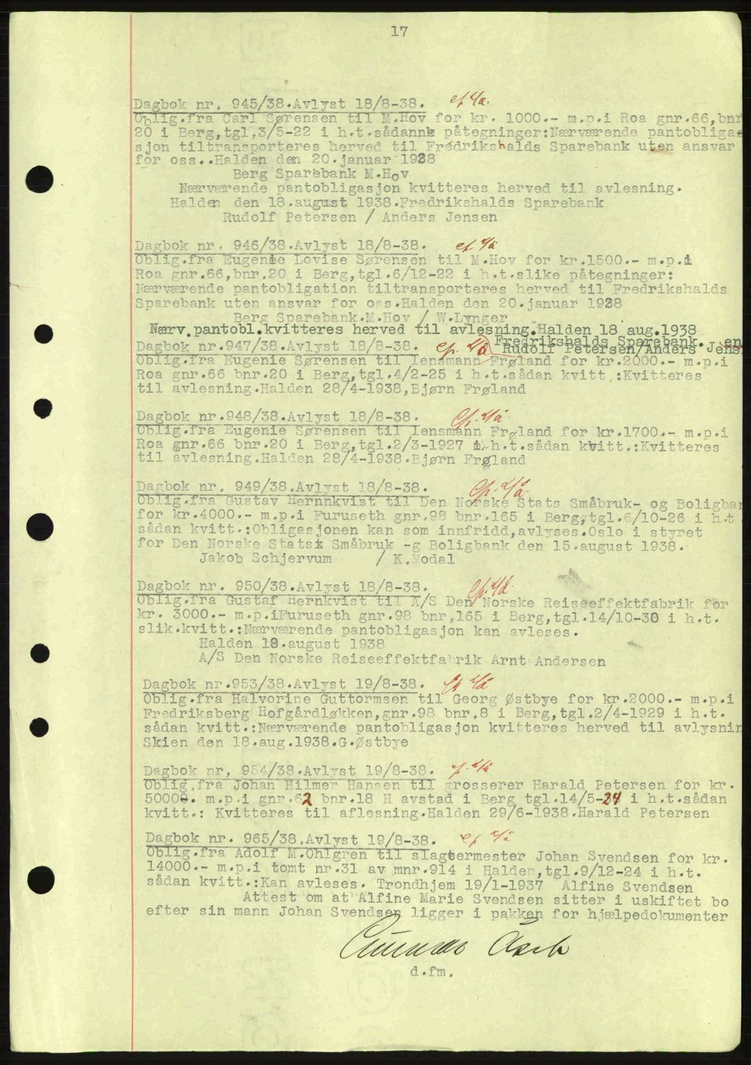 Idd og Marker sorenskriveri, AV/SAO-A-10283/G/Gb/Gbc/L0001: Pantebok nr. B1-3, 1936-1939, Dagboknr: 945/1938