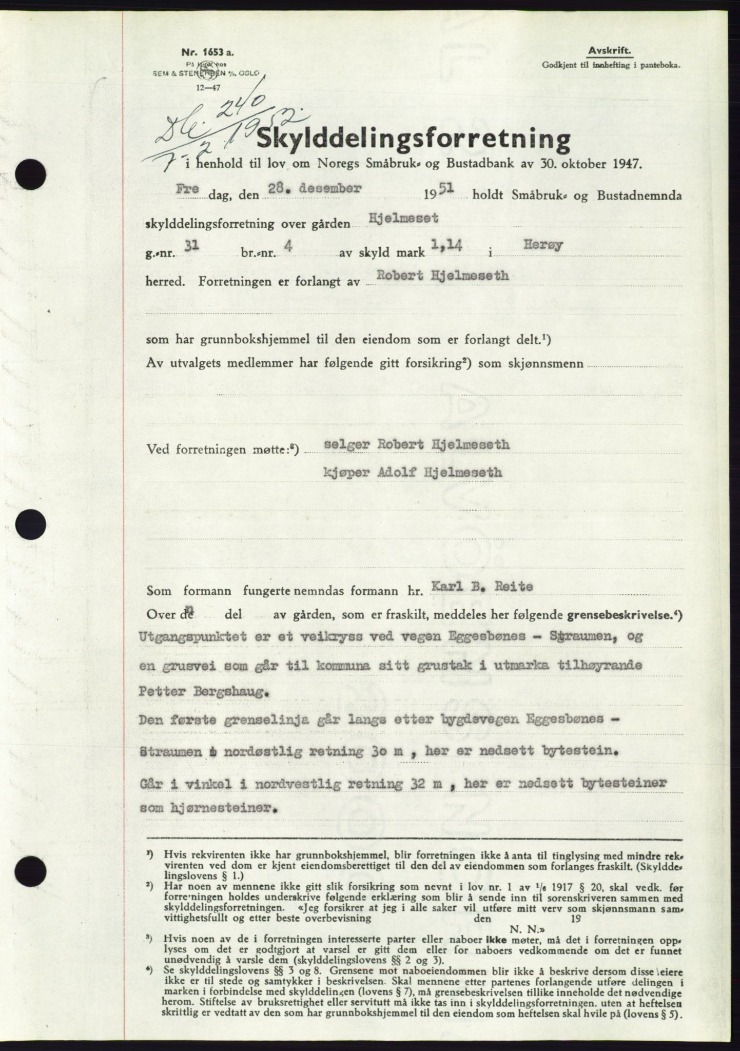 Søre Sunnmøre sorenskriveri, SAT/A-4122/1/2/2C/L0091: Pantebok nr. 17A, 1951-1952, Dagboknr: 240/1952